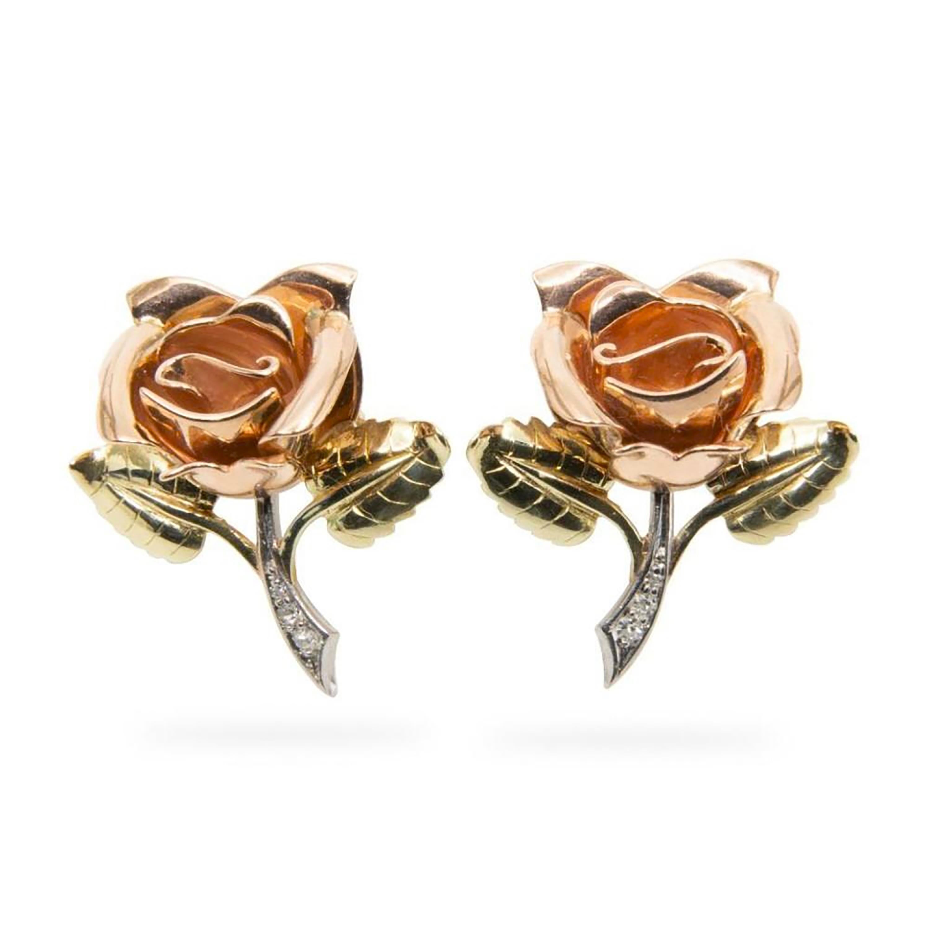 Tiffany and Co Circa 1940s Yellow White and Rose Gold Floral Diamond Earrings In Good Condition In New York, NY
