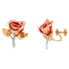 Tiffany and Co Circa 1940s Yellow White and Rose Gold Floral Diamond Earrings