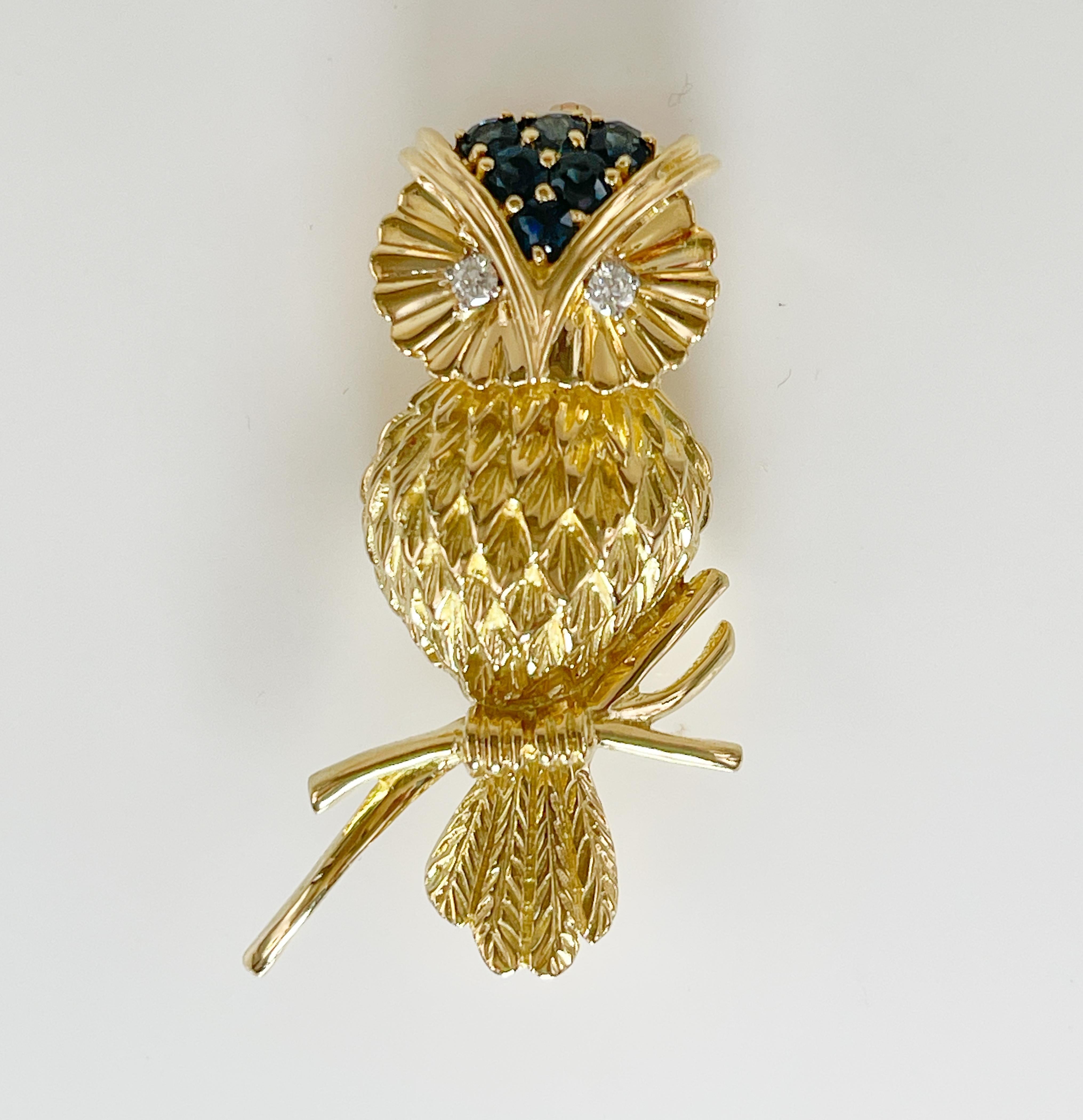 Brilliant Cut Tiffany and Co Diamond and Sapphire Owl Brooch