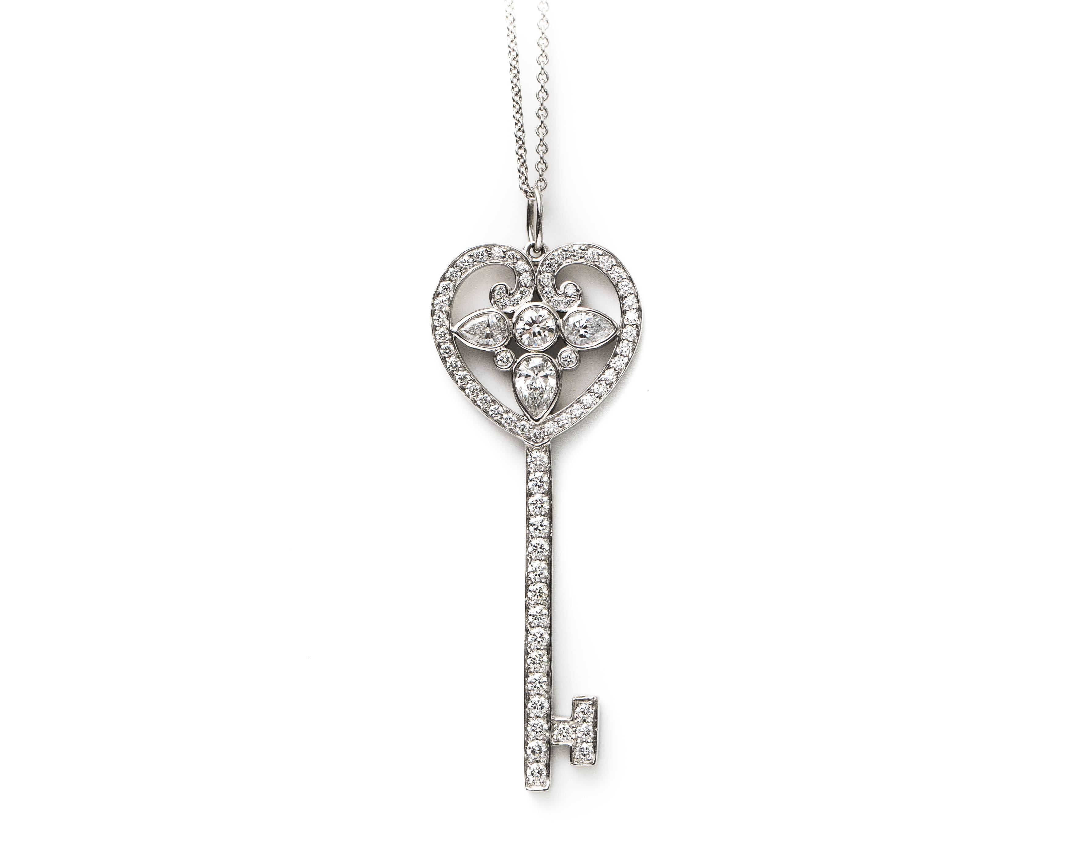 Tiffany & Co. Diamond Platinum Tiffany Keys Ornate Heart Key Pendant In Excellent Condition In Hicksville, NY