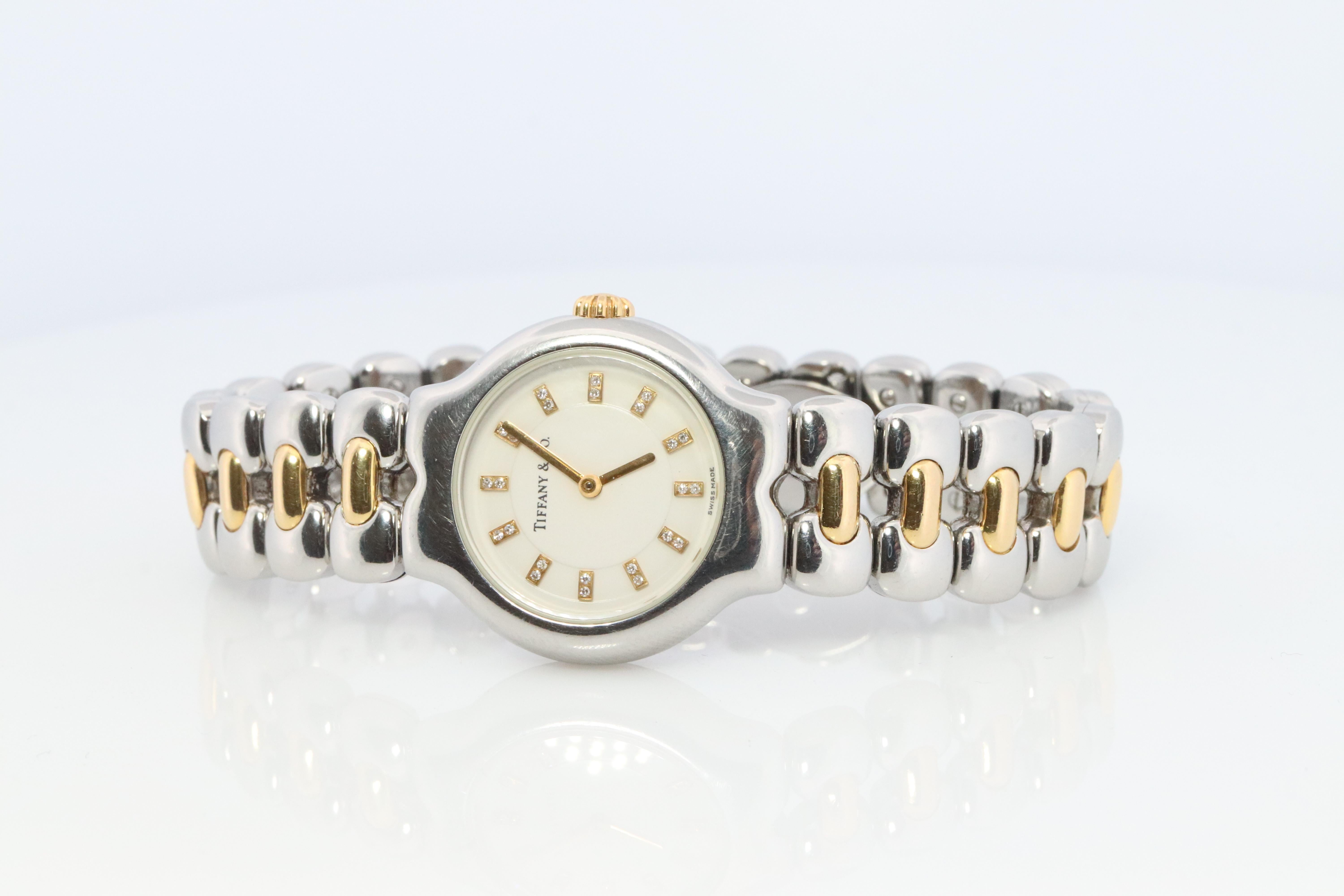 Tiffany and Co Diamond Watch. 18k Tiffany Tesoro Stainless Steel Ladies 25mm. In Good Condition In Port Charlotte, FL