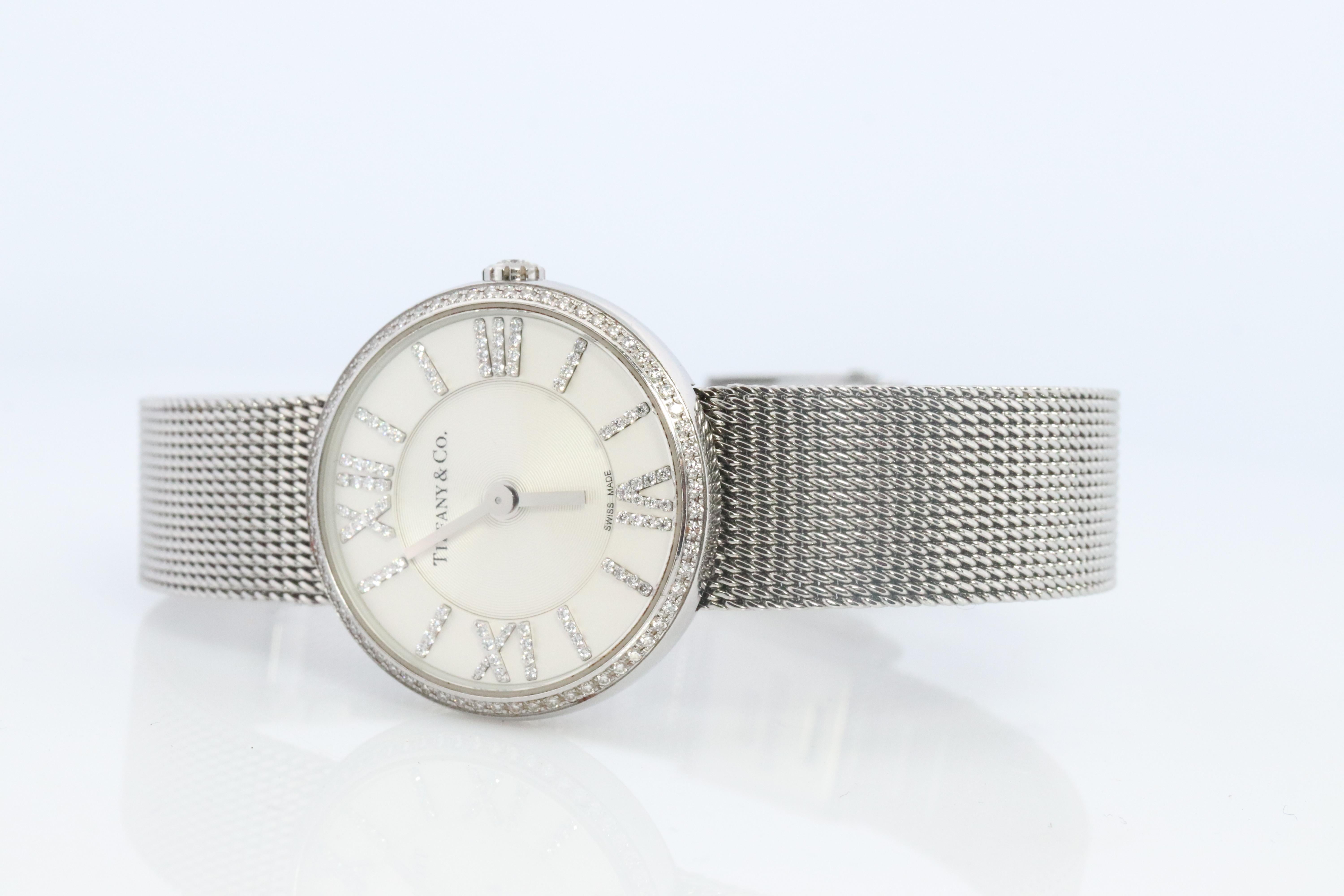 Tiffany and Co Atlas Watch
Diamond Bezel With Diamond Dial.

Stainless Steel with Diamonds
Diamond Set Crown
24mm case

Ref. WR 3 ATM

Beautiful Ladies Watch.


Condition: Excellent Condition. Generic Stainless Steel Band.