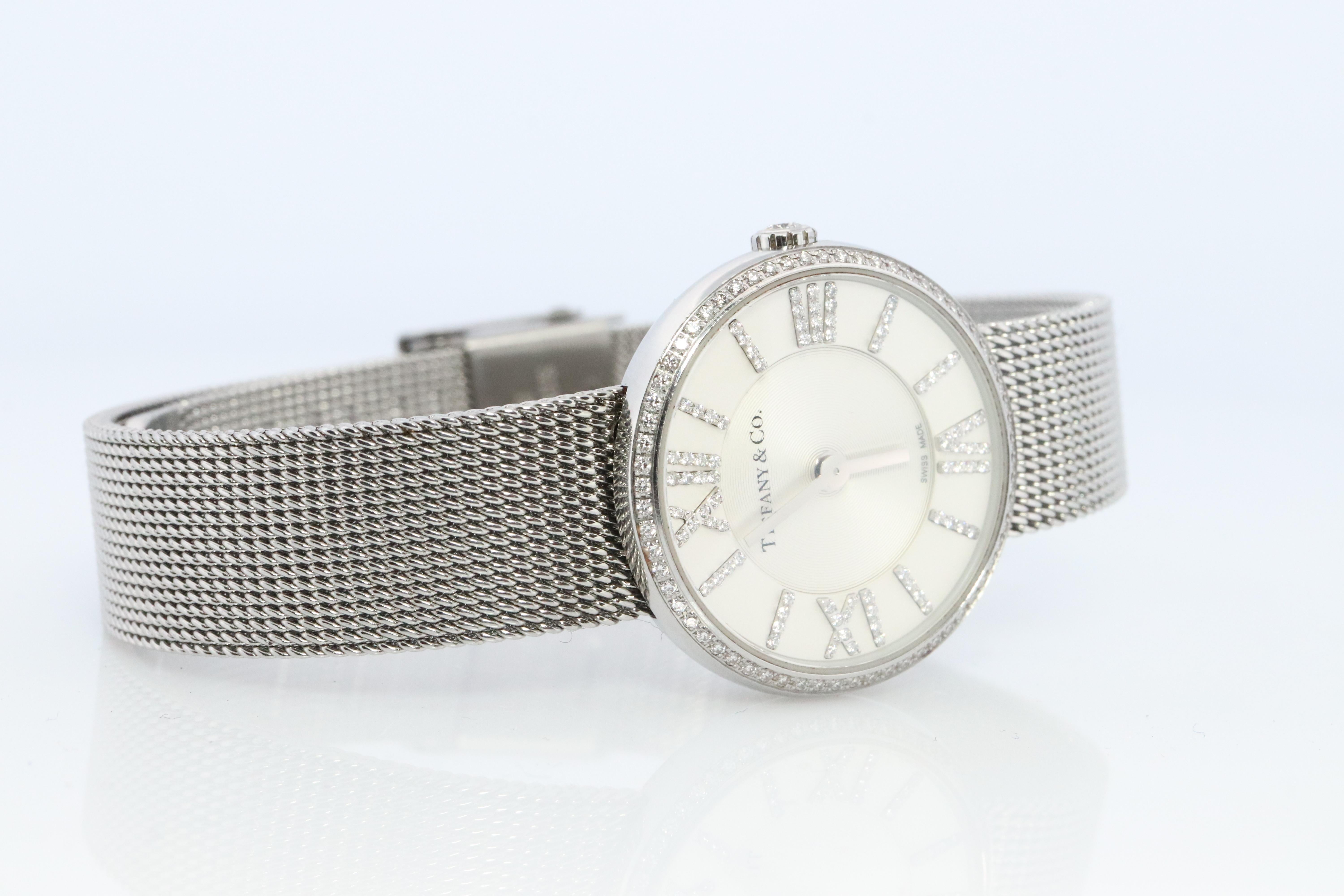 Modern Tiffany and Co Diamond Watch. Tiffany Atlas Diamond Bezel 24mm Ladies Watch. For Sale