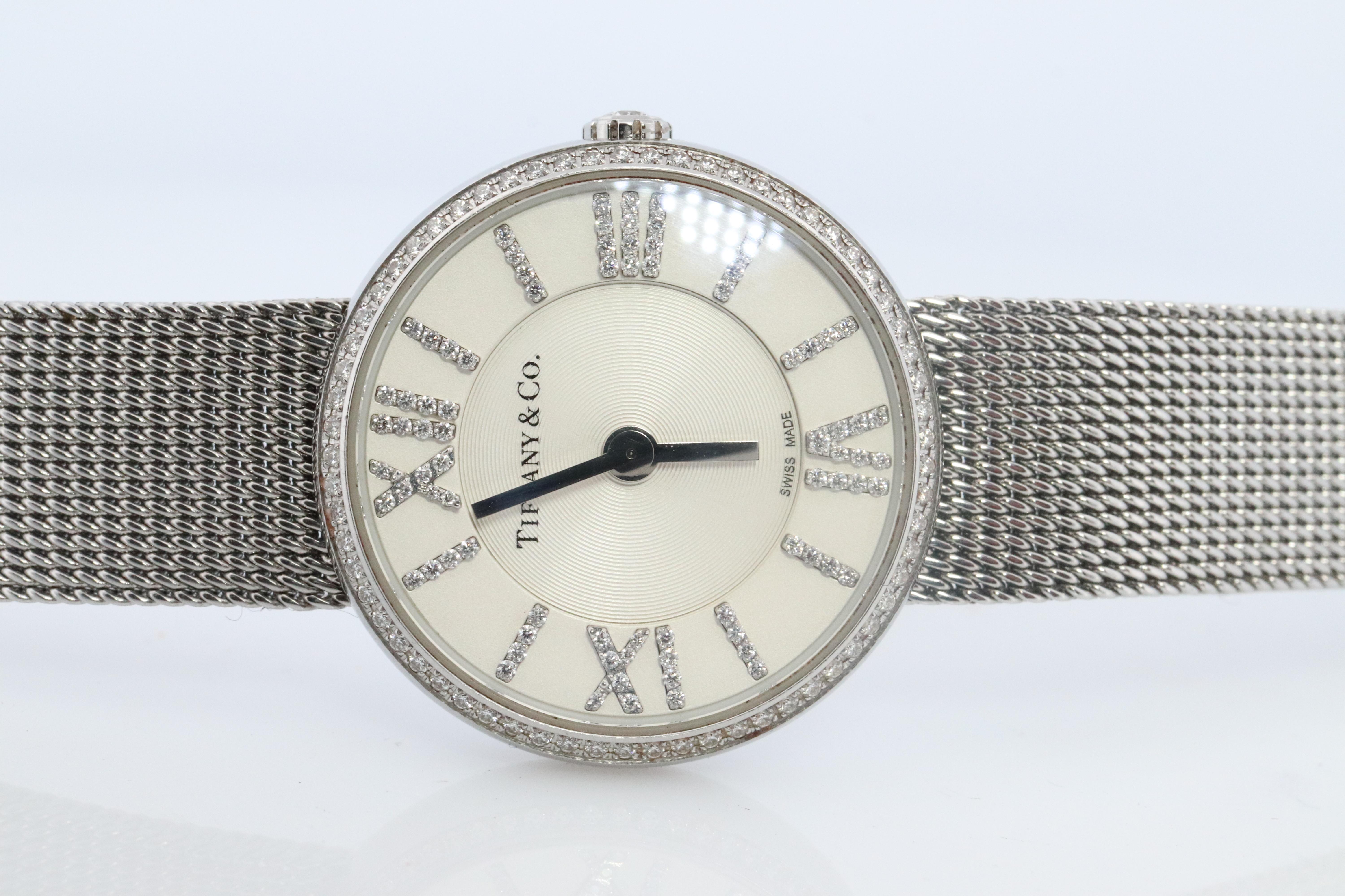 Tiffany and Co Diamond Watch. Tiffany Atlas Diamond Bezel 24mm Ladies Watch. For Sale 2