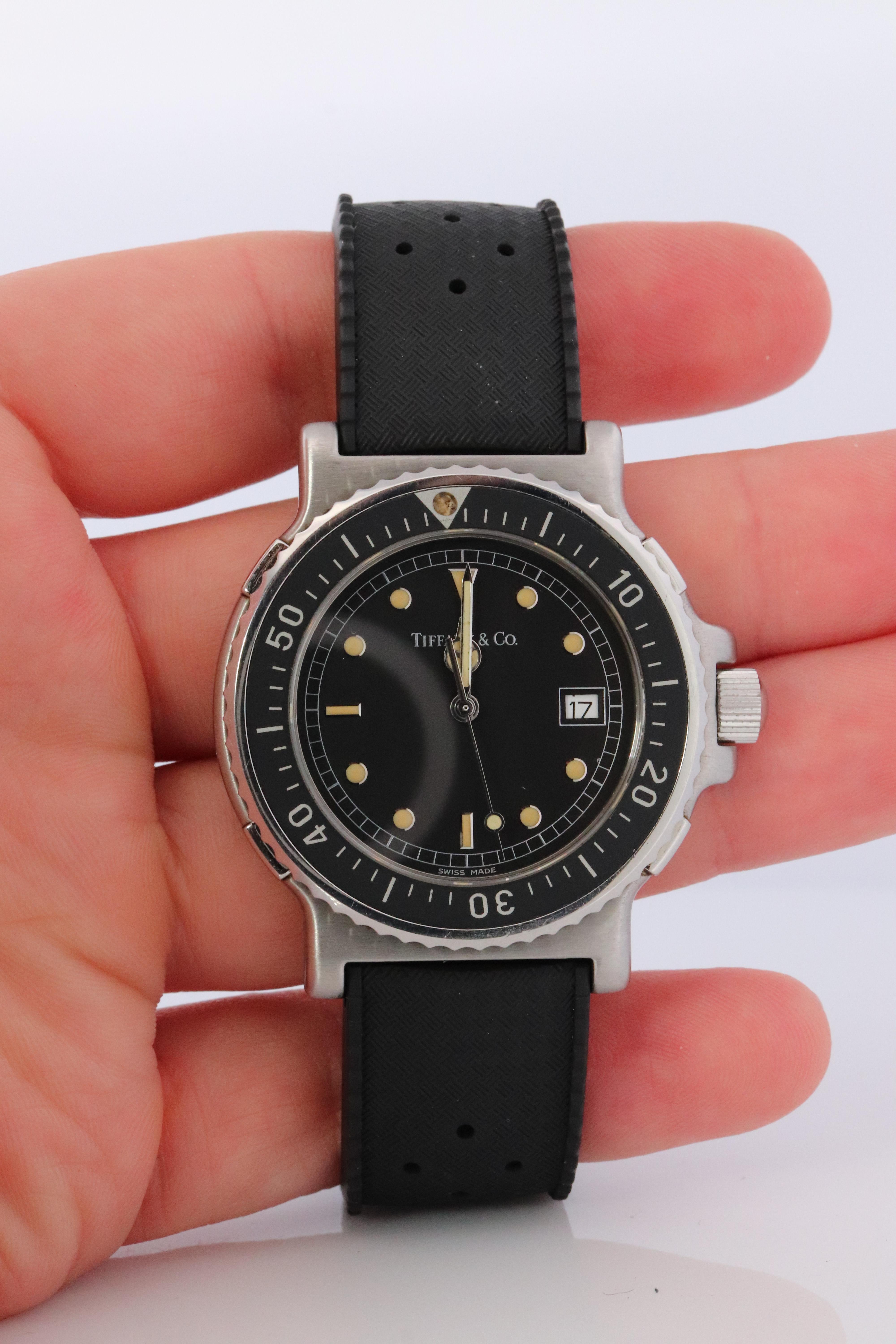 Tiffany and Co Diver Watch. SS Tiffany Co Mens M0711 40mm Watch For Sale 5