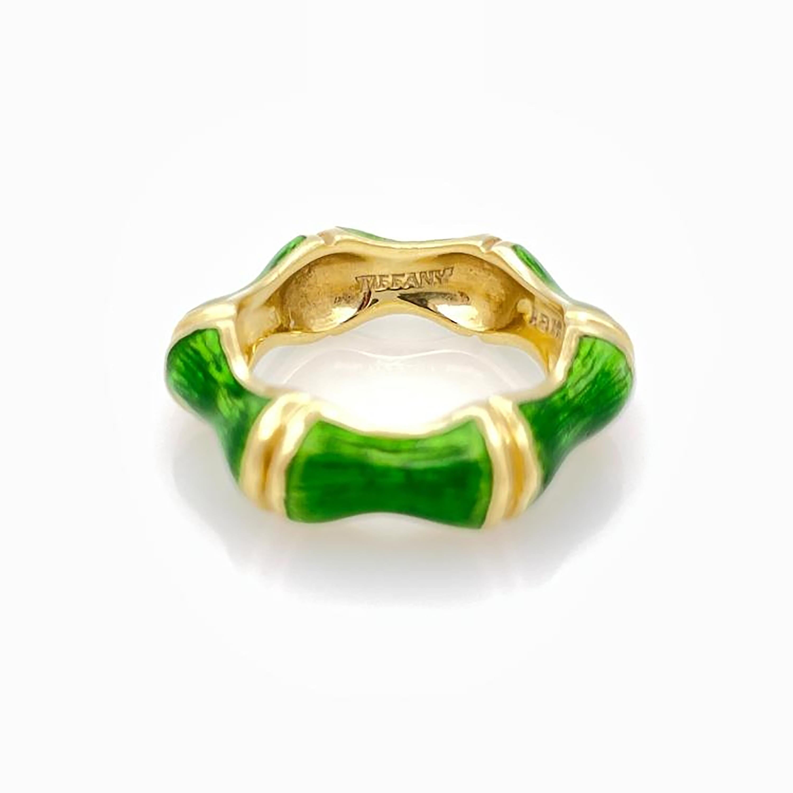 Tiffany and Co Eighteen Karat Gold and Green Enamel Bamboo Ring Size 5.25  1