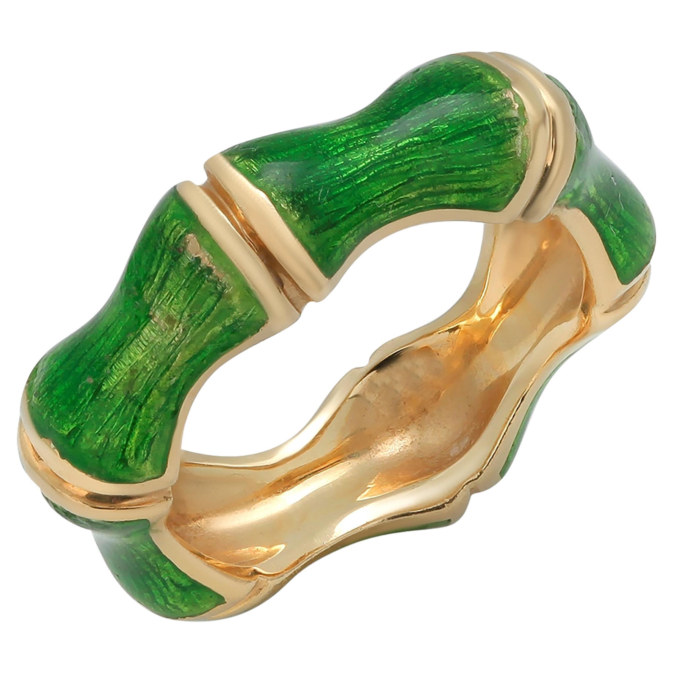 Tiffany and Co Eighteen Karat Gold and Green Enamel Bamboo Ring Size 5.25 