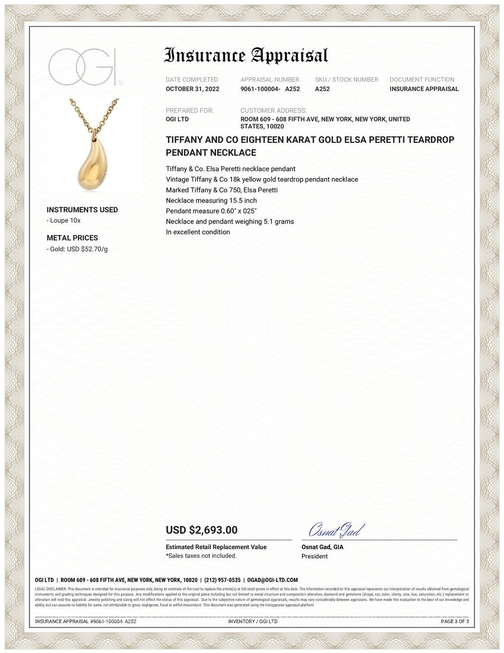 Vintage Tiffany & Co 18k yellow gold teardrop pendant necklace
Marked Tiffany & Co 750, Elsa Peretti
Necklace measuring 15.5 inch
Pendant measure 0.60