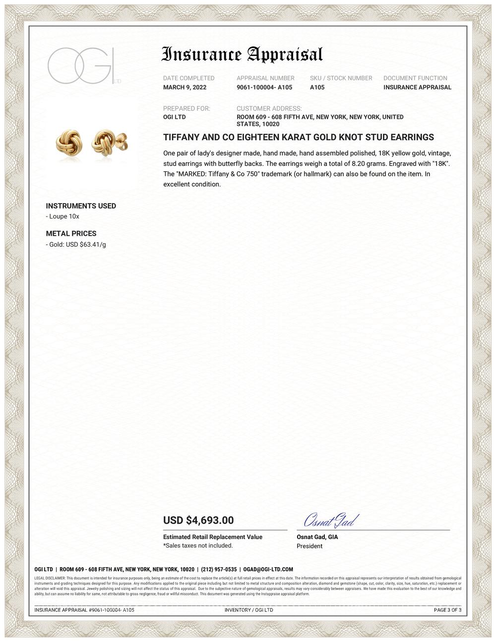 Tiffany & Co eighteen karat yellow gold knot stud earrings
Earrings measuring 10.5mm x 10.5mm, 0.42 inch by 0.42 inch
Marking T & Co 750
Tiffany's knot earrings are symbolize the power of connections between people
Weighting 8.2 grams
Original pouch