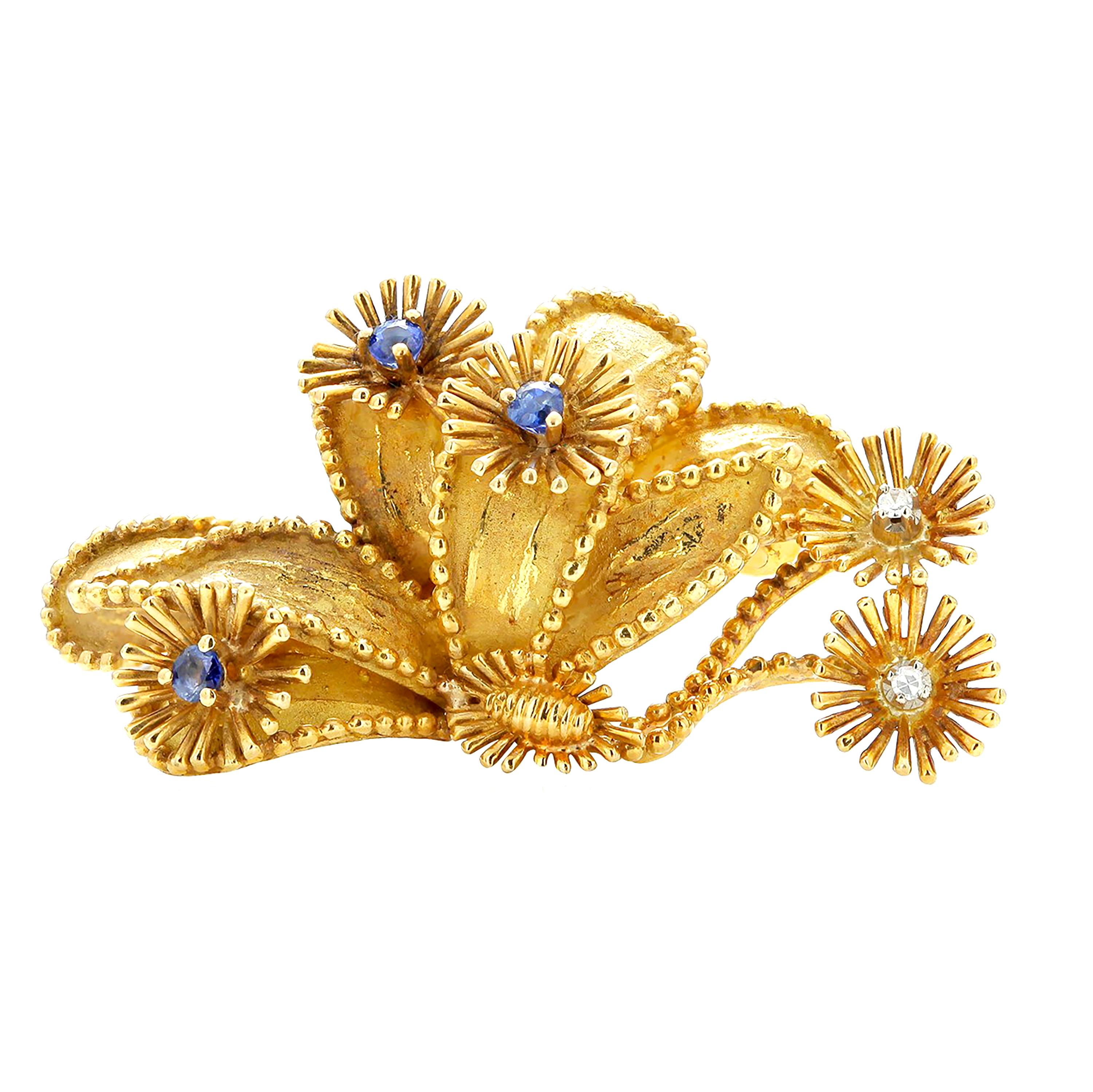 Round Cut Tiffany and Co Eighteen Karat Gold Sapphire and Diamond 1.75 Inch Floral Brooch  For Sale