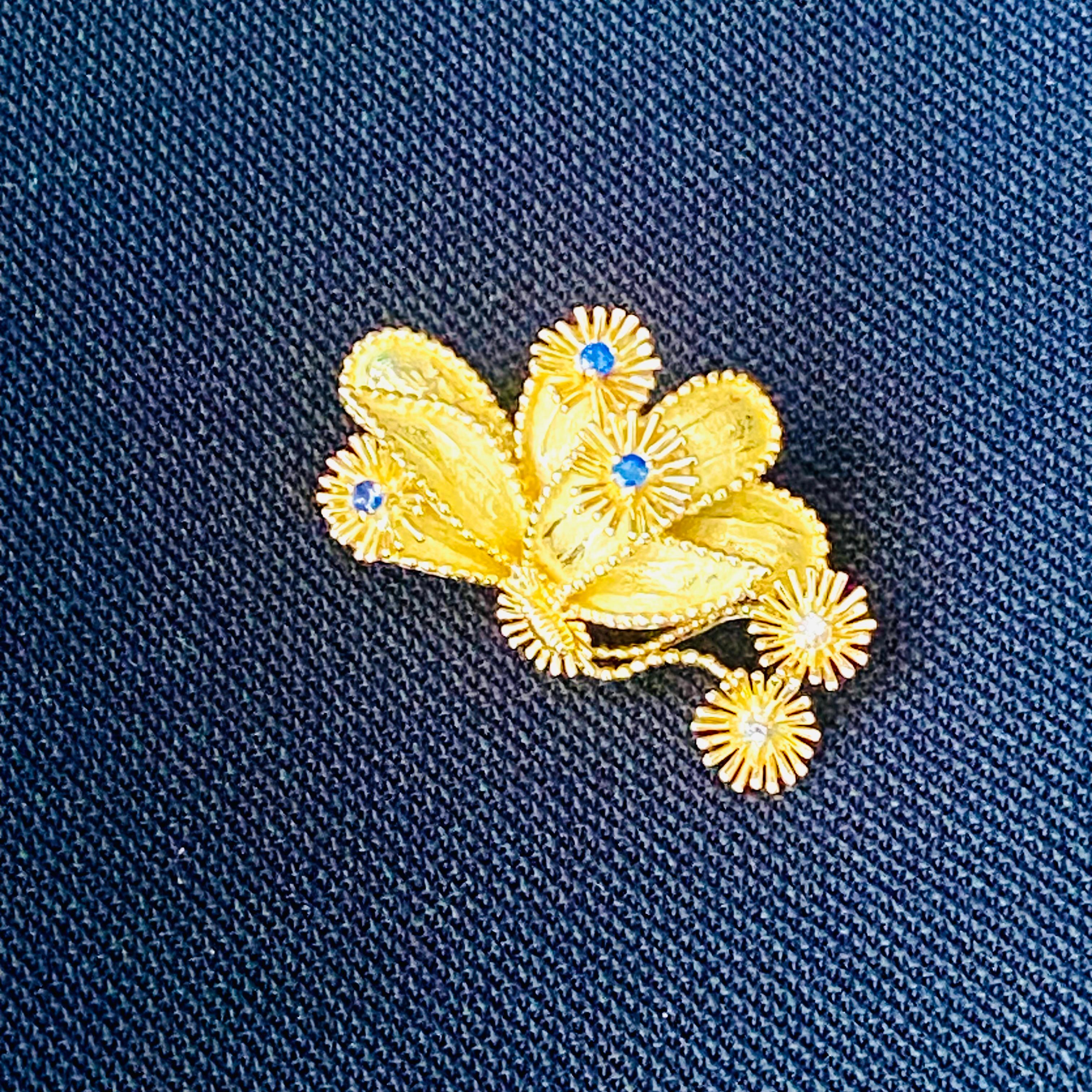 Women's or Men's Tiffany and Co Eighteen Karat Gold Sapphire and Diamond 1.75 Inch Floral Brooch  For Sale