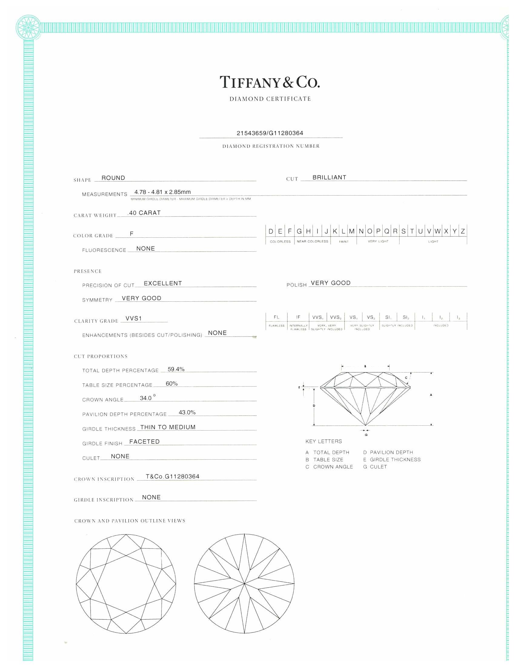 Women's Tiffany and Co. Etoile Platinum Round Diamond Engagement Ring .40ct FVVS1