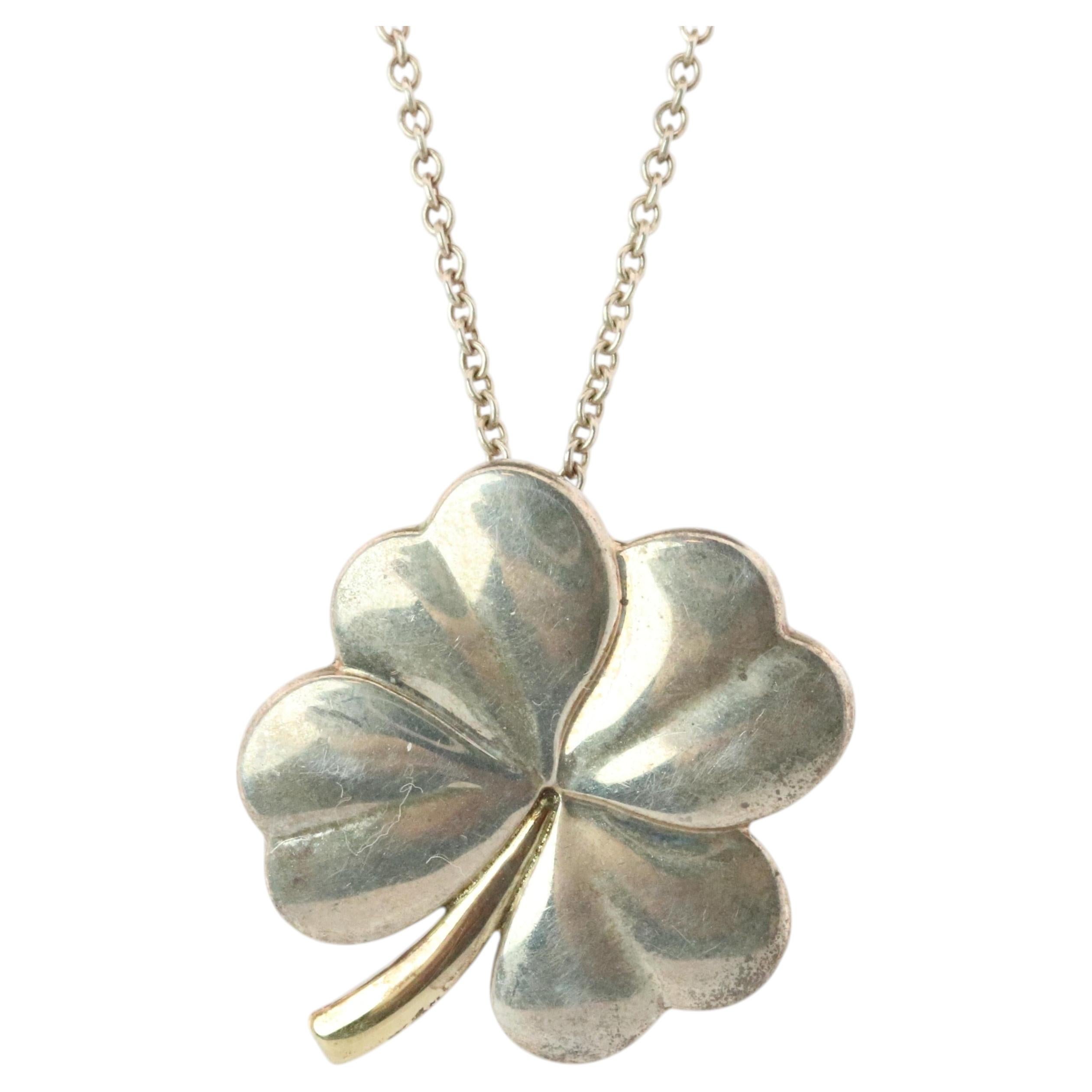Tiffany and Co Four Leaf Clover Pendant. 18k and Sterling Silver For Sale