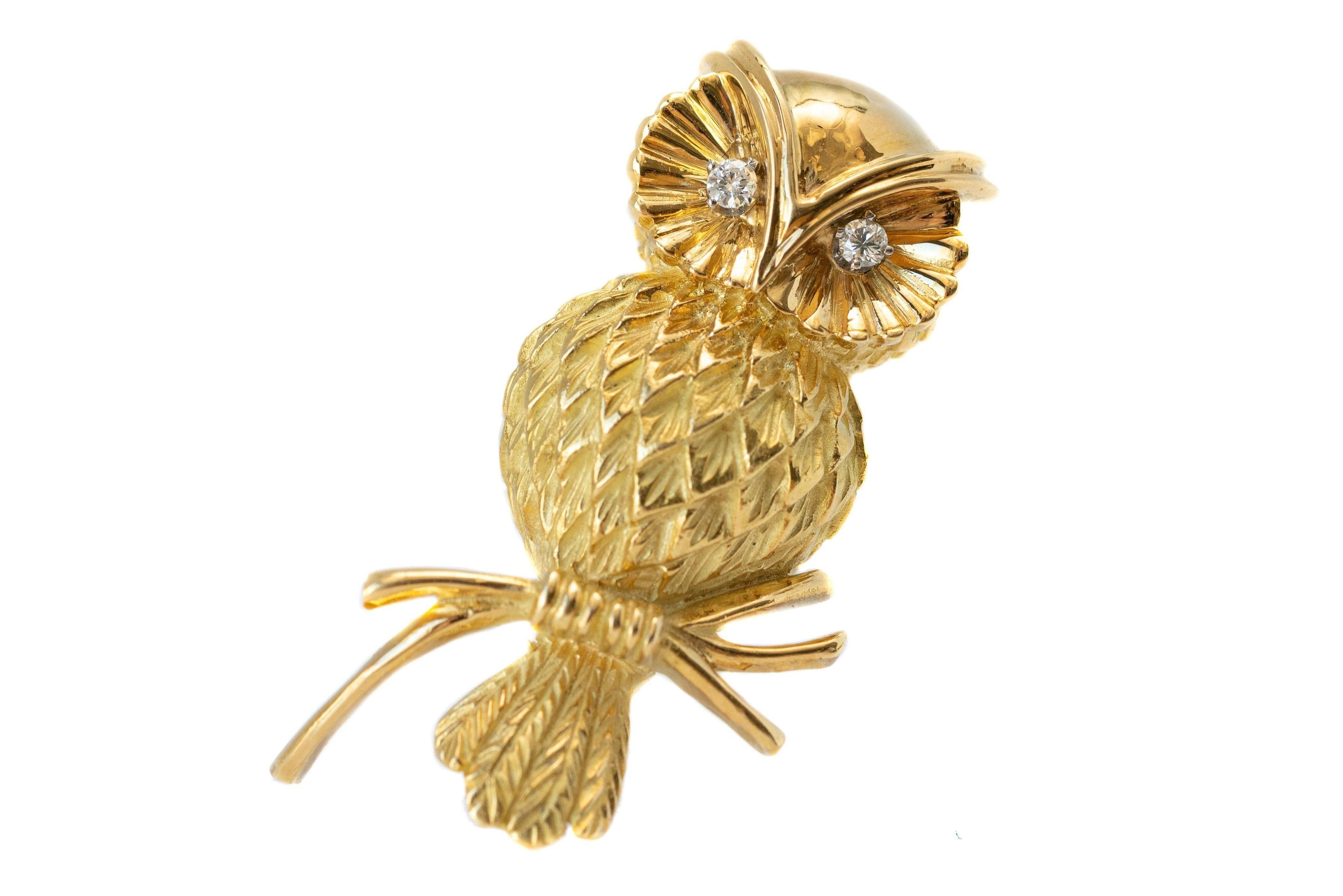 Round Cut Tiffany & Co. Gold Owl Brooch