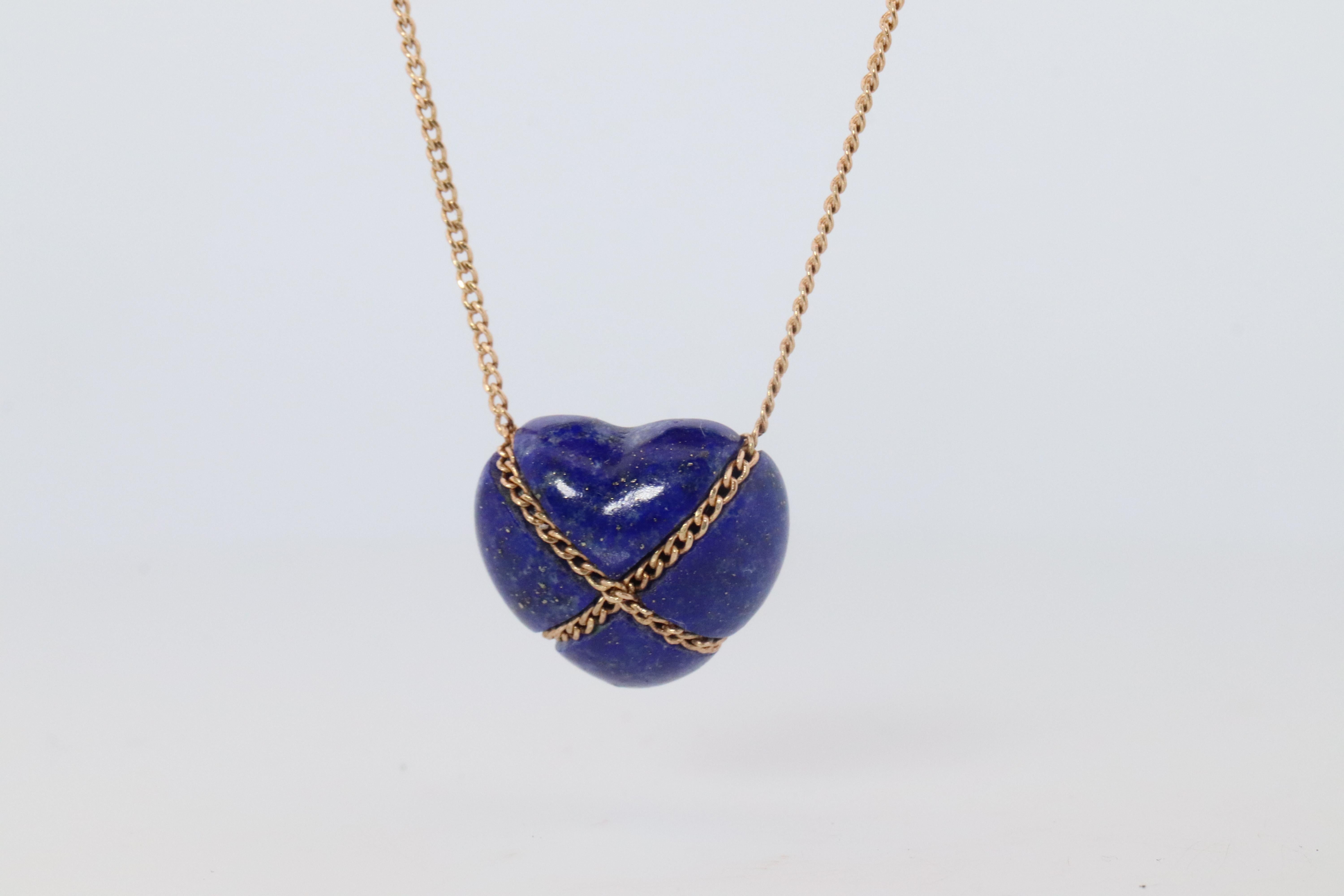 Modern Tiffany and Co Heart Pendant 14k Tiffany Elsa Peretti Lapis Lazuli Necklace For Sale