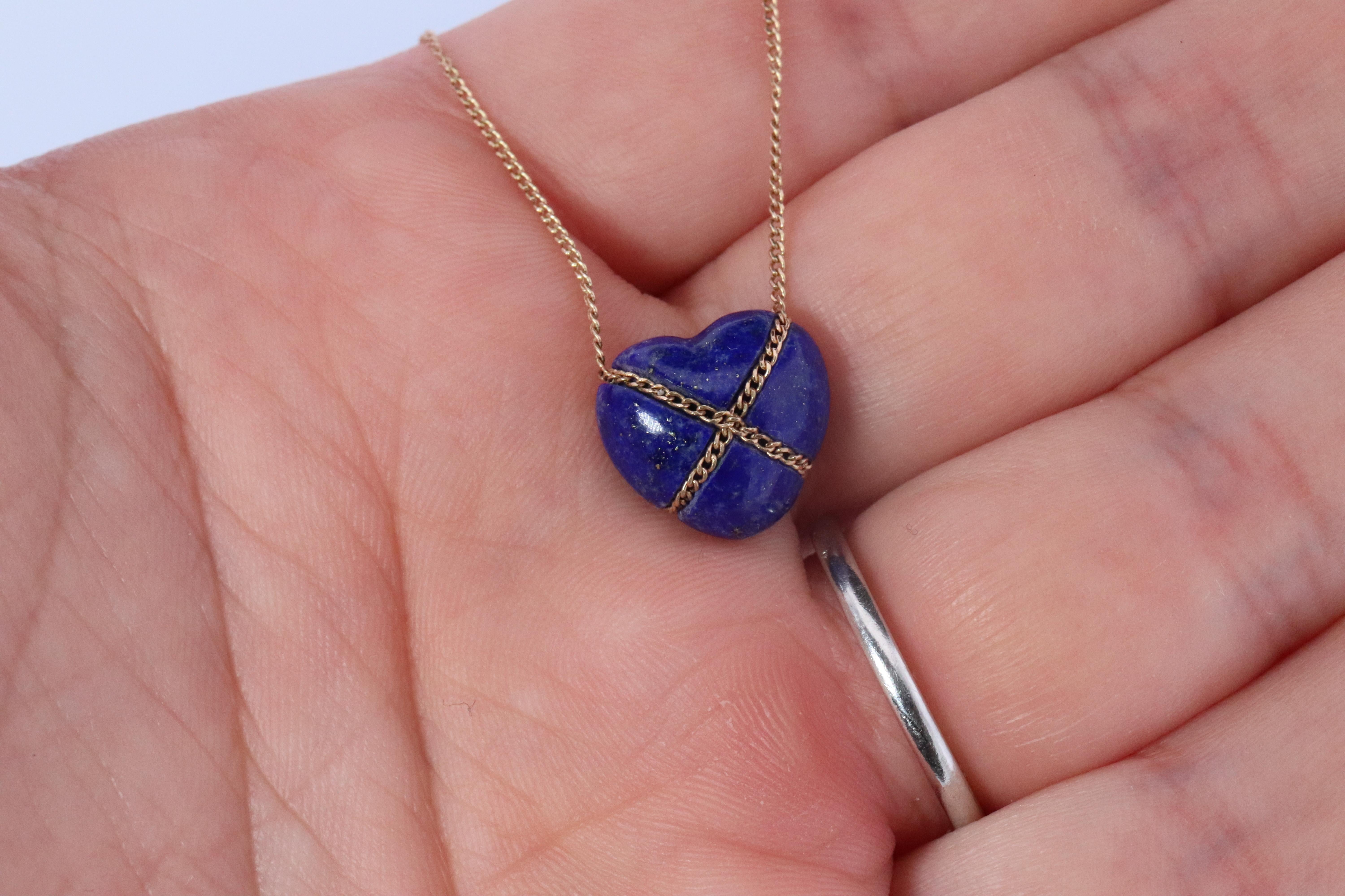 Tiffany and Co Heart Pendant 14k Tiffany Elsa Peretti Lapis Lazuli Necklace For Sale 2