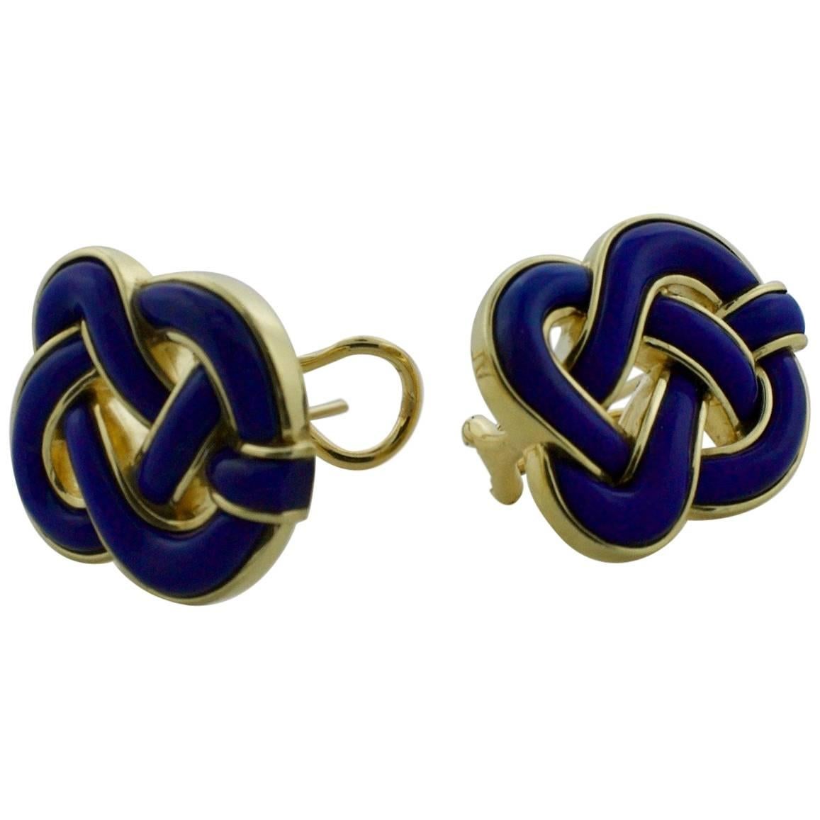 Tiffany and Co. Lapis and 18 Karat Yellow Gold Earrings, circa 1970s