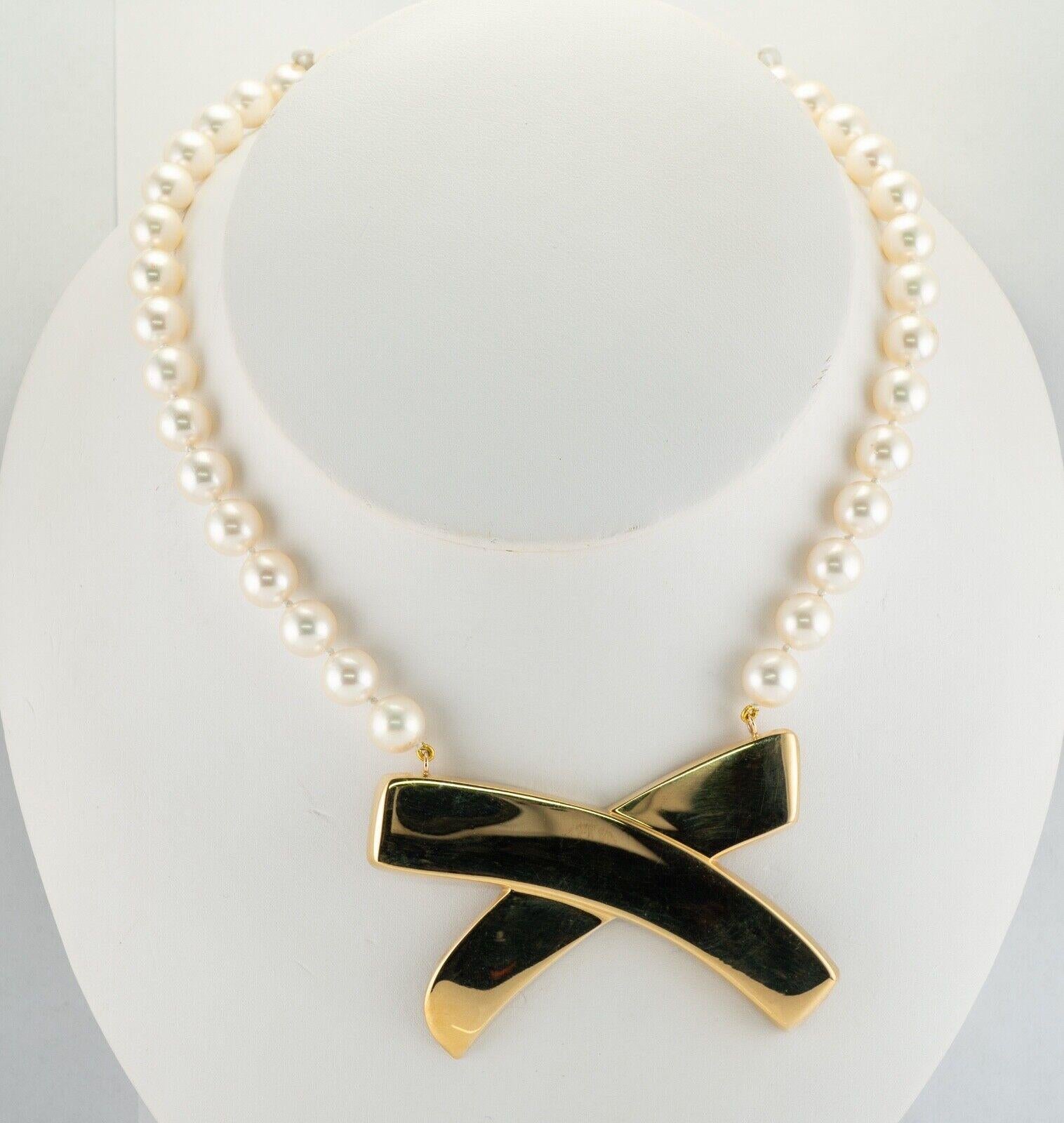 Tiffany and Co  Paloma Picasso Pearl Necklace Choker 18K Gold

This incredible rare Tiffany&Co necklace is set with genuine cultured Akoya Pearls and crafted in solid 18K Yellow Gold. Forty-four 8.25mm Pearls have great luster and symmetry, they are
