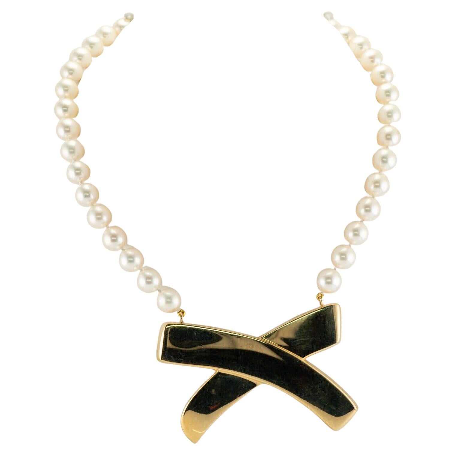 Tiffany and Co Paloma Picasso Pearl Necklace Choker 18k Gold For Sale