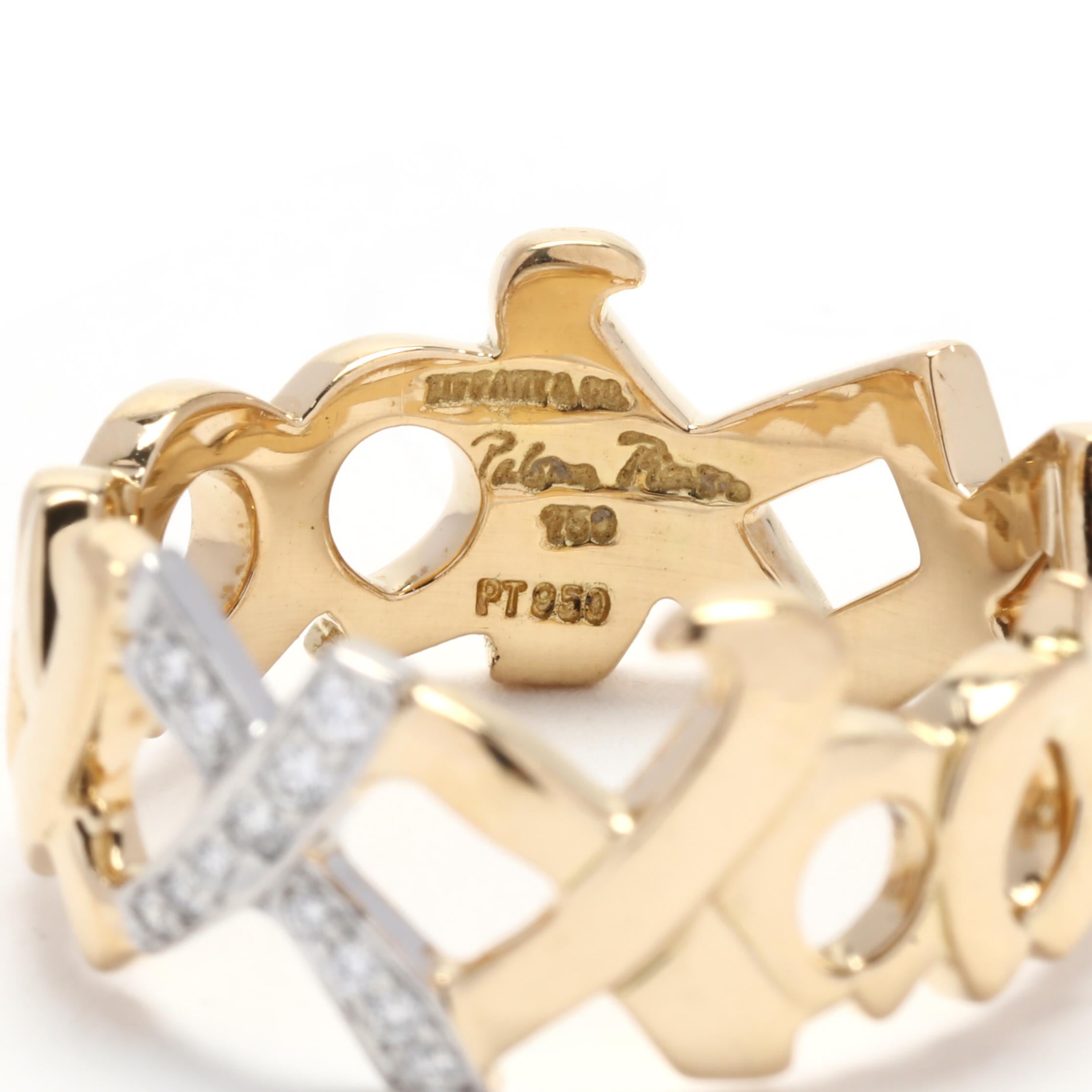 Tiffany and Co Paloma Picasso XO Diamond and Gold Ring, Platinum 18k Yellow Gold In Good Condition For Sale In McLeansville, NC