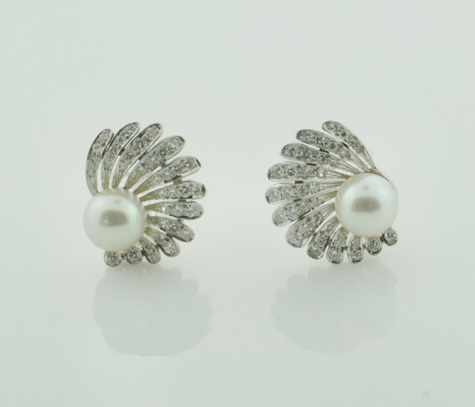Tiffany & Co. Pearl and Diamond Earrings circa 1950s 1.00 Carat In Excellent Condition In Wailea, HI