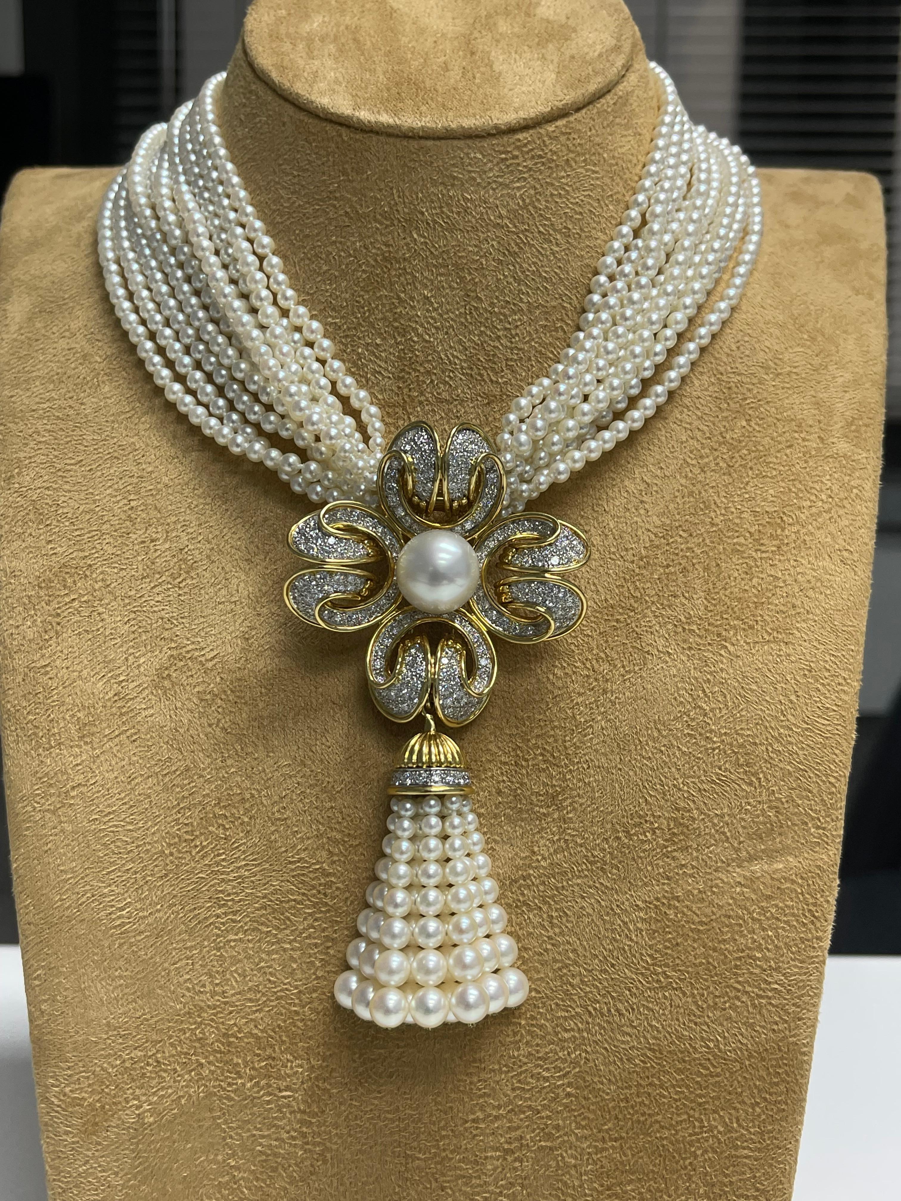 Round Cut Tiffany and Co Pearl and Diamond necklace/Brooch With Earrings. For Sale