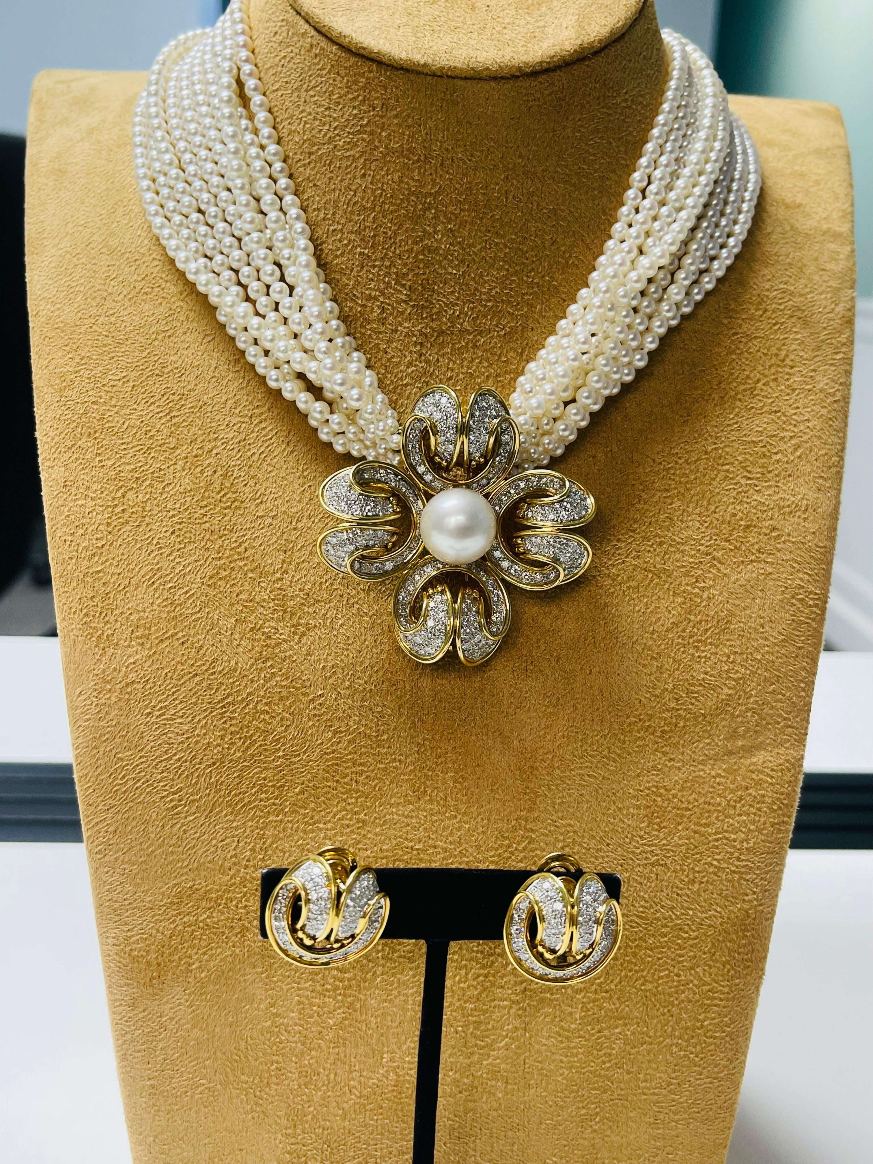 Tiffany and Co Pearl and Diamond necklace/Brooch With Earrings. For Sale 2