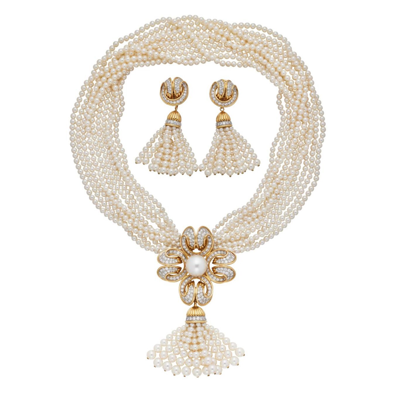 Collier/broche vintage Tiffany & Co. en perles et diamants, avec boucles d'oreilles.