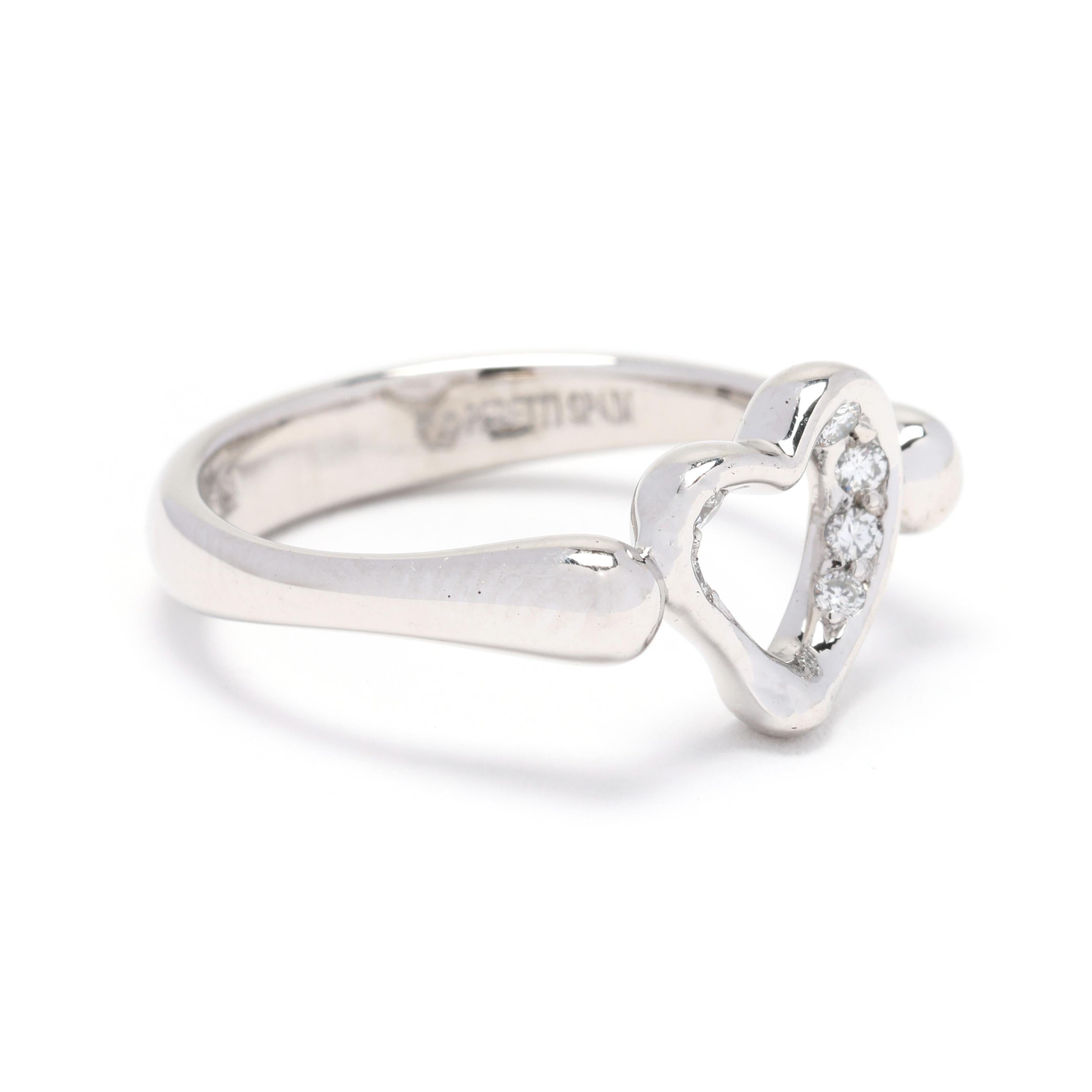 Piedras:
- diamante
- talla brillante redonda, 6 piedras
- aproximadamente 0,06 quilates
- color DEF, claridad VVS2-VS1

Anillo talla 5

Longitud: 8,8 mm

Peso: 3,3 dwts. / 5,2 gramos

Sellos: PT950 Tiffany & Co. Peretti

Un par de cosas a tener en