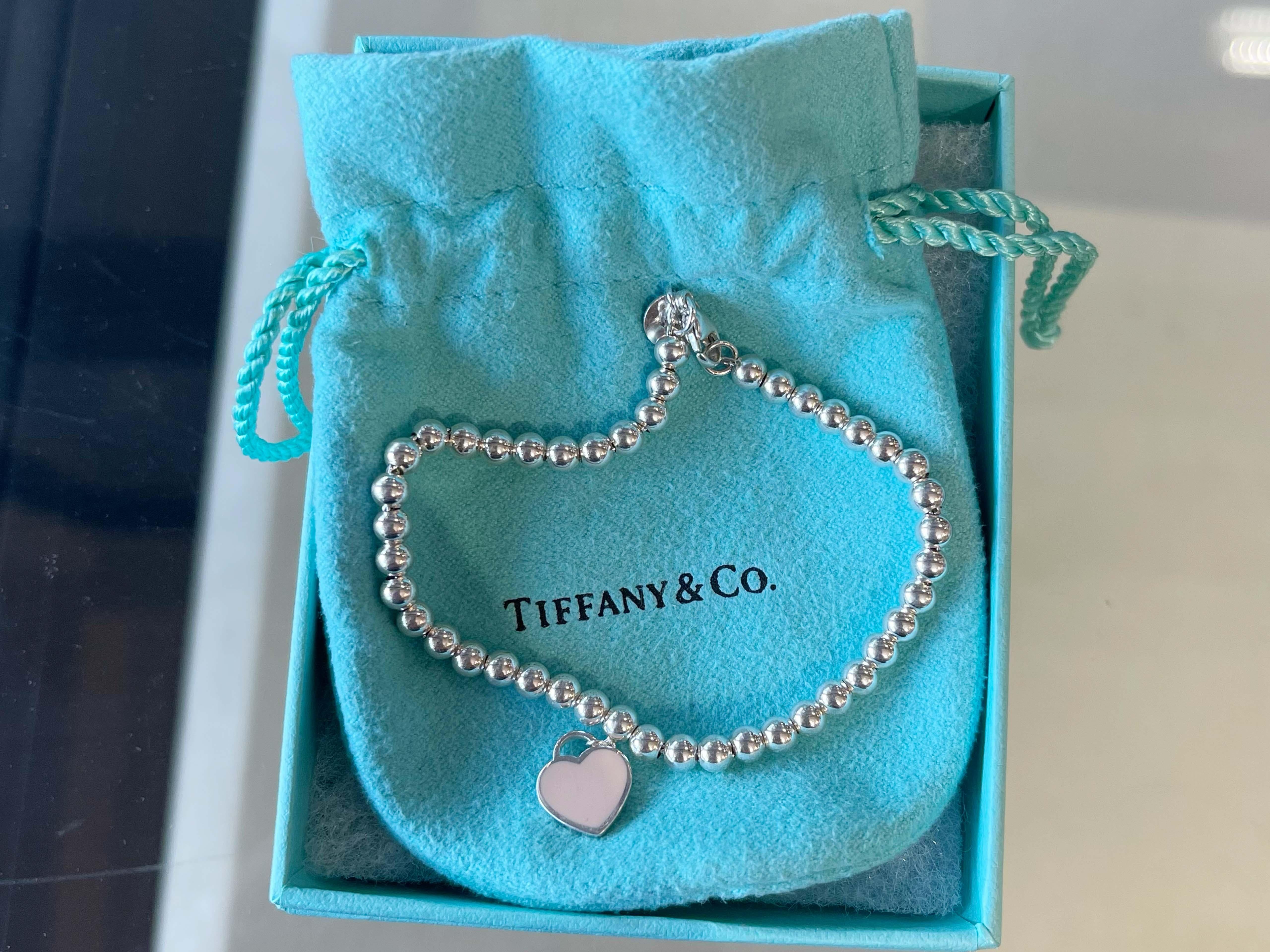 tiffany pink heart tag bead bracelet