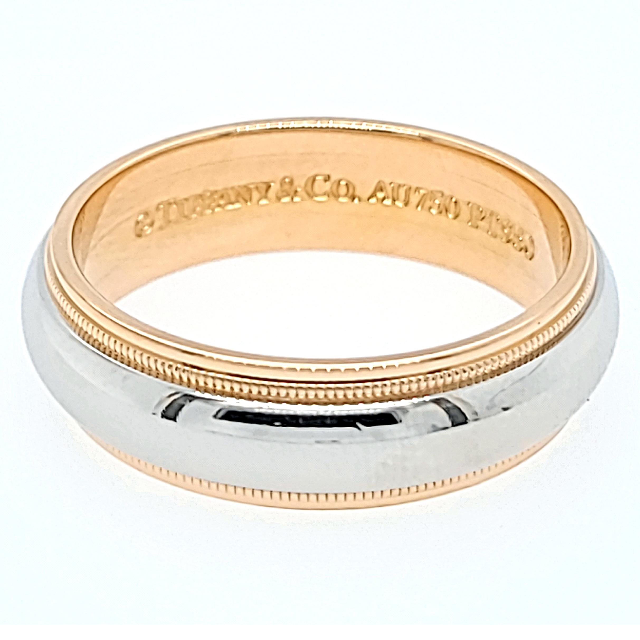Tiffany and Co Platinum and 18 Karat Rose Gold 6mm Band With Millgrain Detail. Finger Size 9. $2400 MSRP.