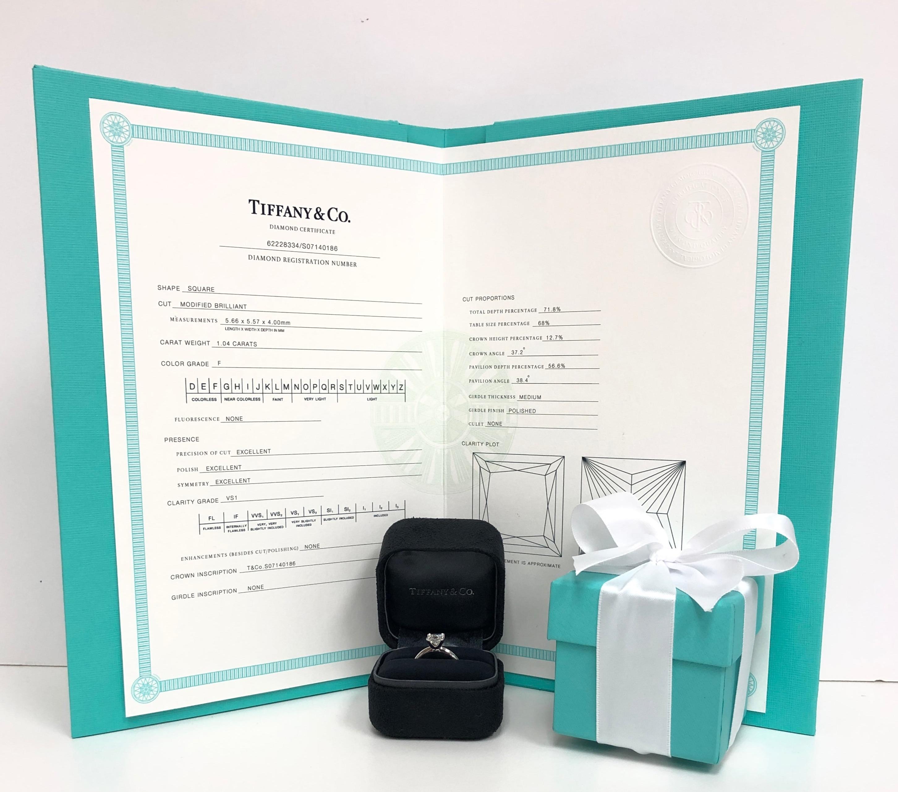 Tiffany and Co. Platinum Diamond Engagement Ring 1.04 Ct Princess Solitaire FVS1 3