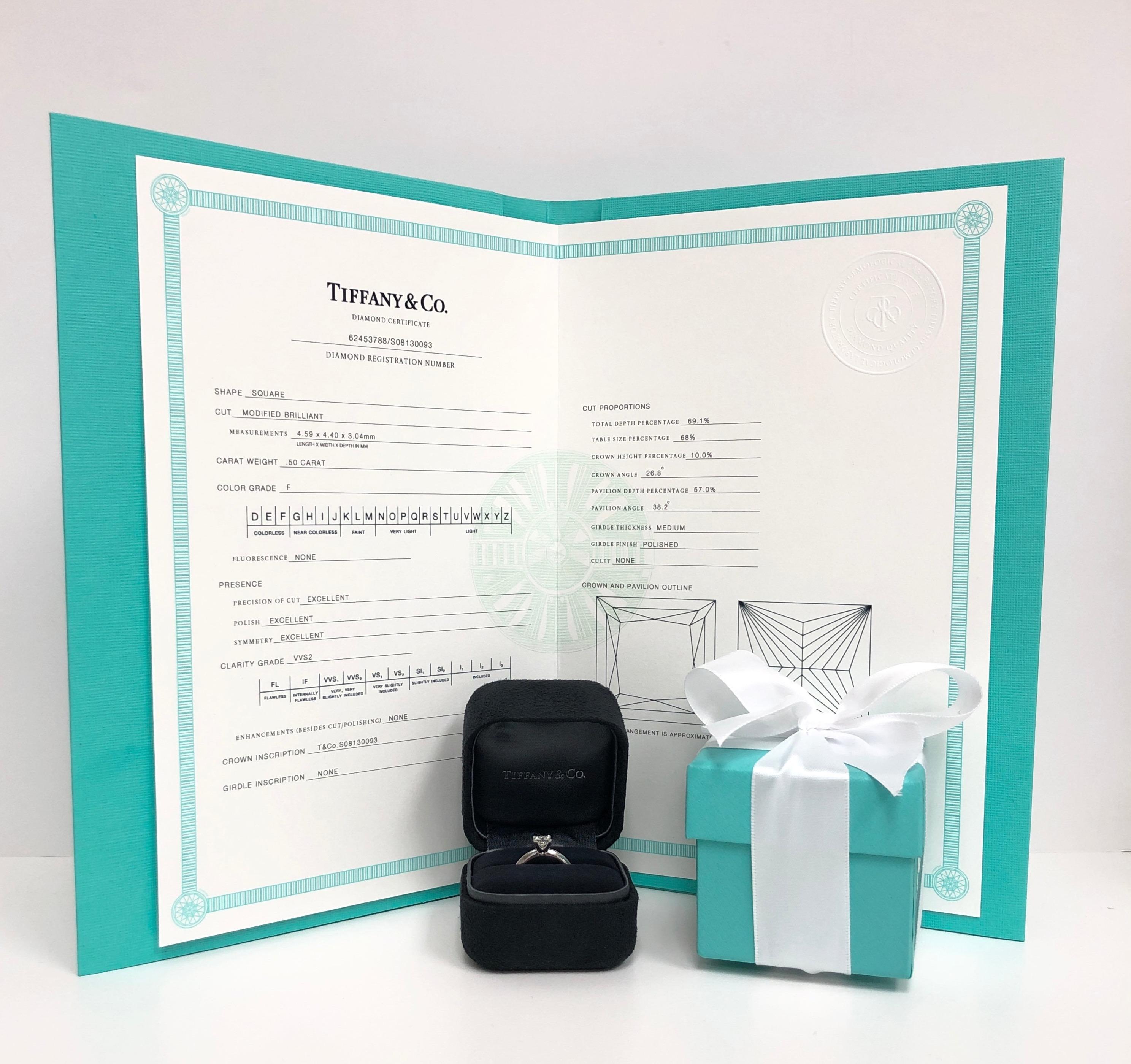 Tiffany and Co. Platinum Diamond Engagement Ring .50 Ct Princess Solitaire FVVS2 6
