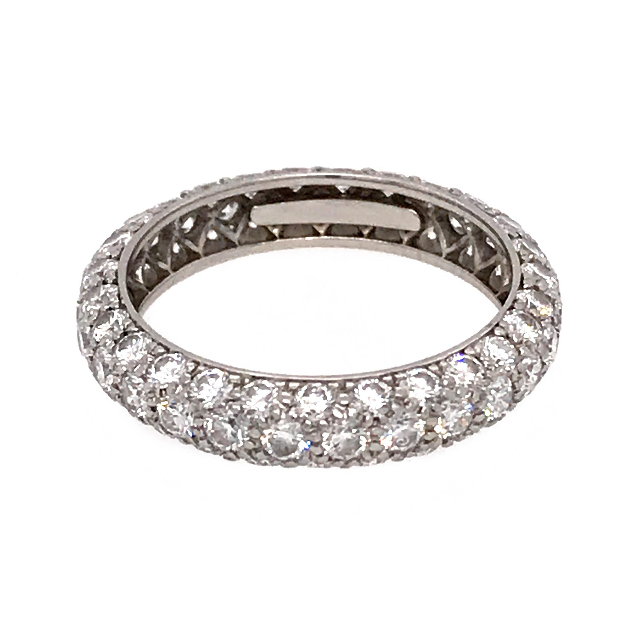 Platinum
Ring Size: 5.25
Diamond: 1.51 ct twd
Color: D-G
Clarity: Flawless -VS2
Width: 3 mm