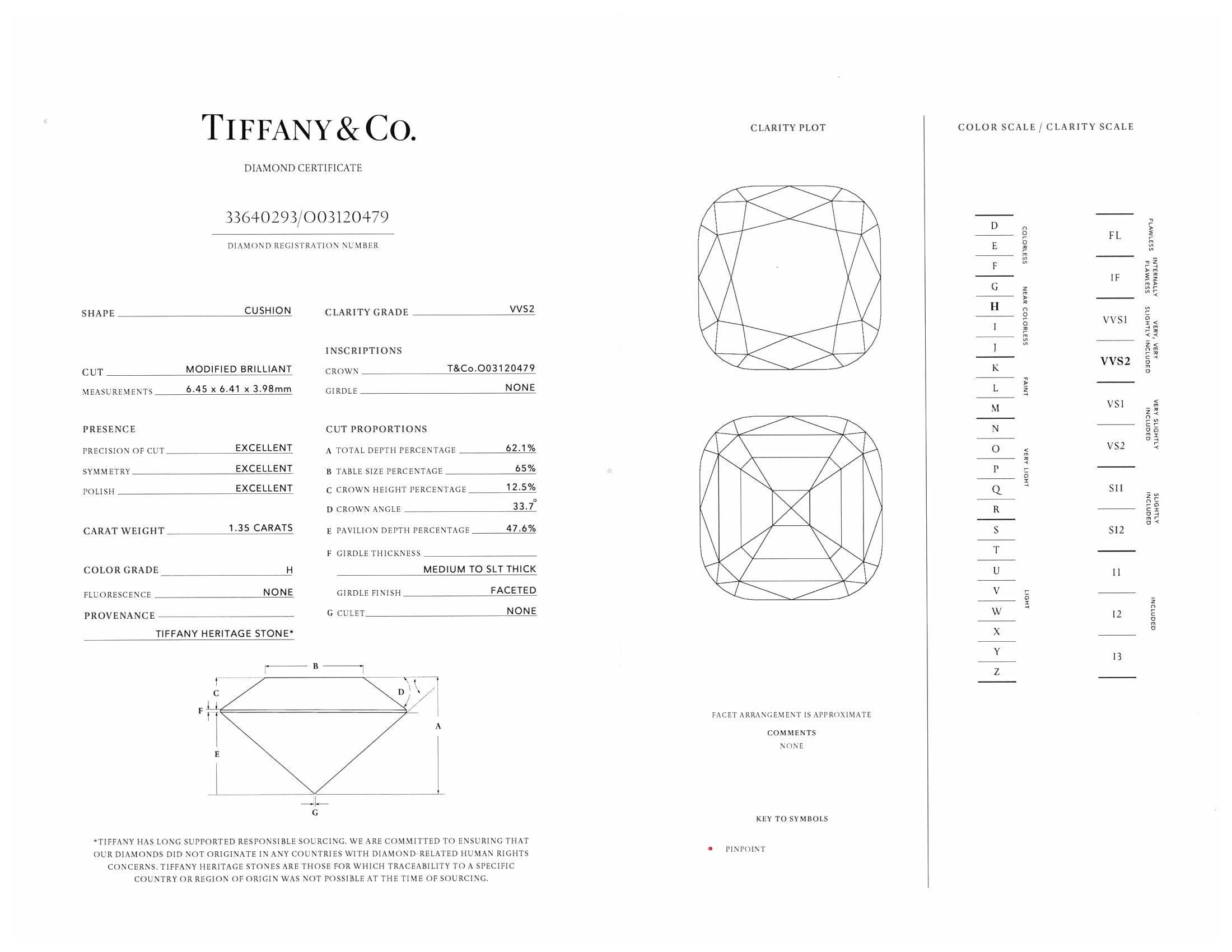 Women's Tiffany and Co. Platinum Legacy Cushion Diamond Engagement Ring 1.77cts Ttl HVVS