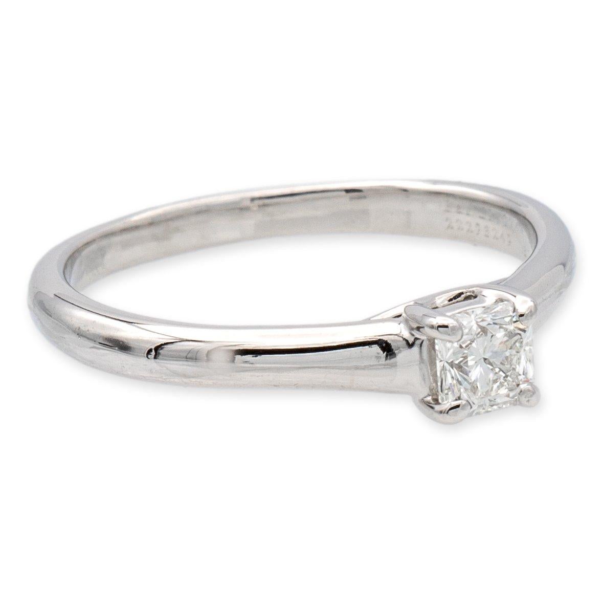 Tiffany & Co. Lucida engagement ring finely crafted in Platinum featuring a 0.31 carat center, I color and VVS2 clarity. Fully hallmarked with logo, serial number and metal content.

Ring Specifications
Brand: Tiffany & Co.
Style: Lucida
Hallmark: