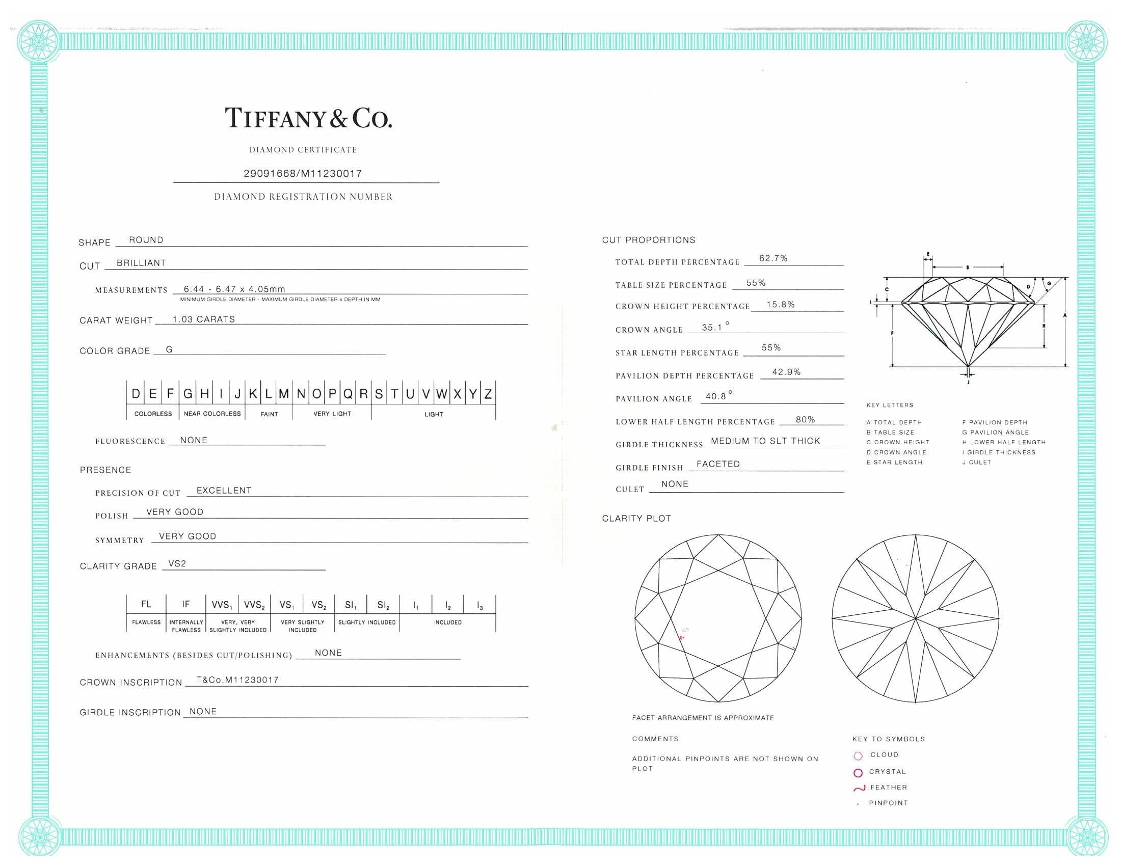Women's Tiffany & Co. Platinum Solitaire Round Diamond Engagement Ring 1.03 GVS2