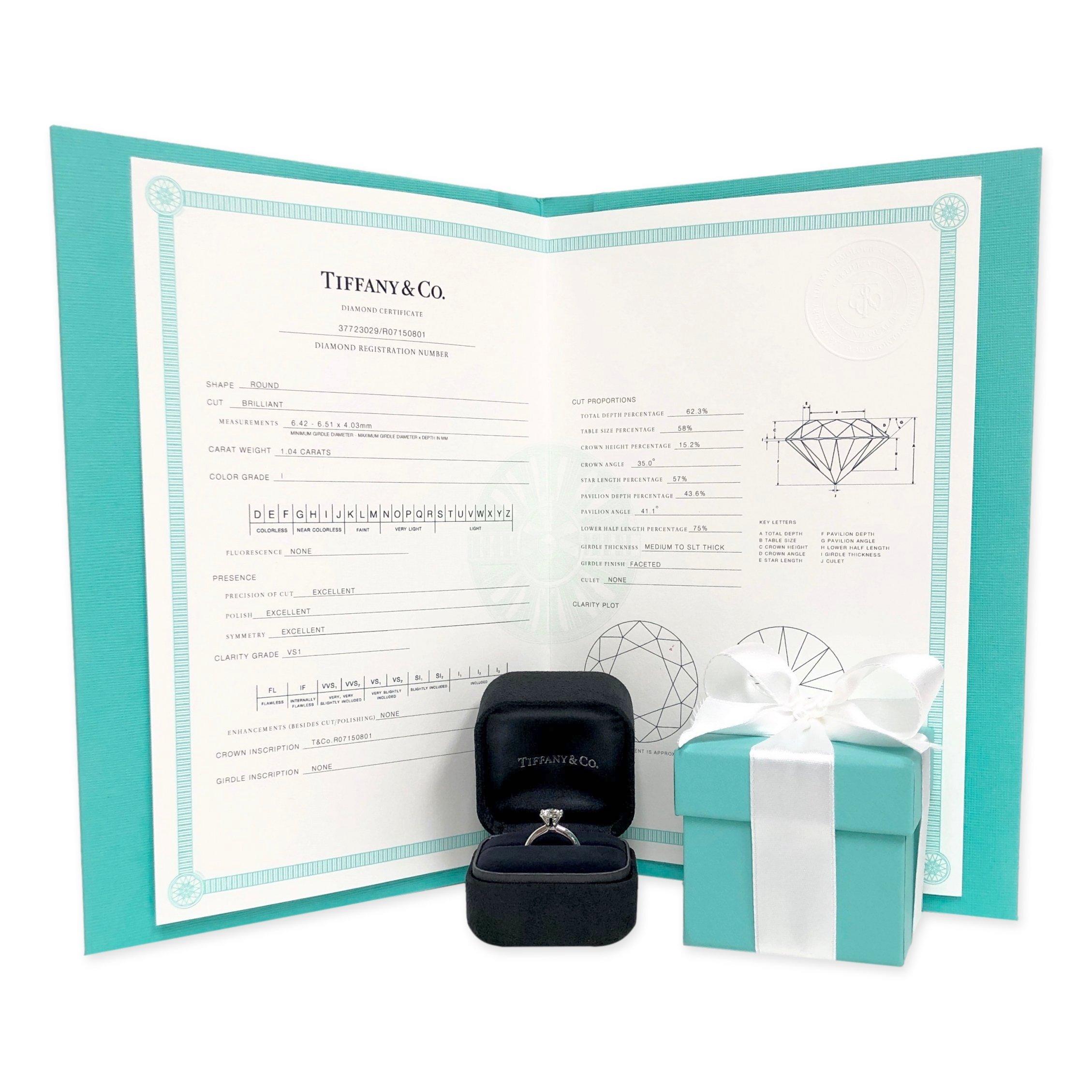 Round Cut Tiffany and Co. Platinum Solitaire Round Diamond Engagement Ring 1.04ct IVS1