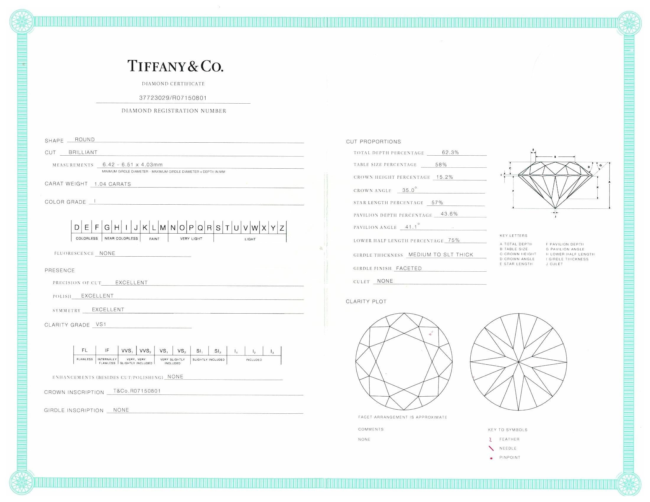 Tiffany and Co. Platinum Solitaire Round Diamond Engagement Ring 1.04ct IVS1 In Excellent Condition In New York, NY