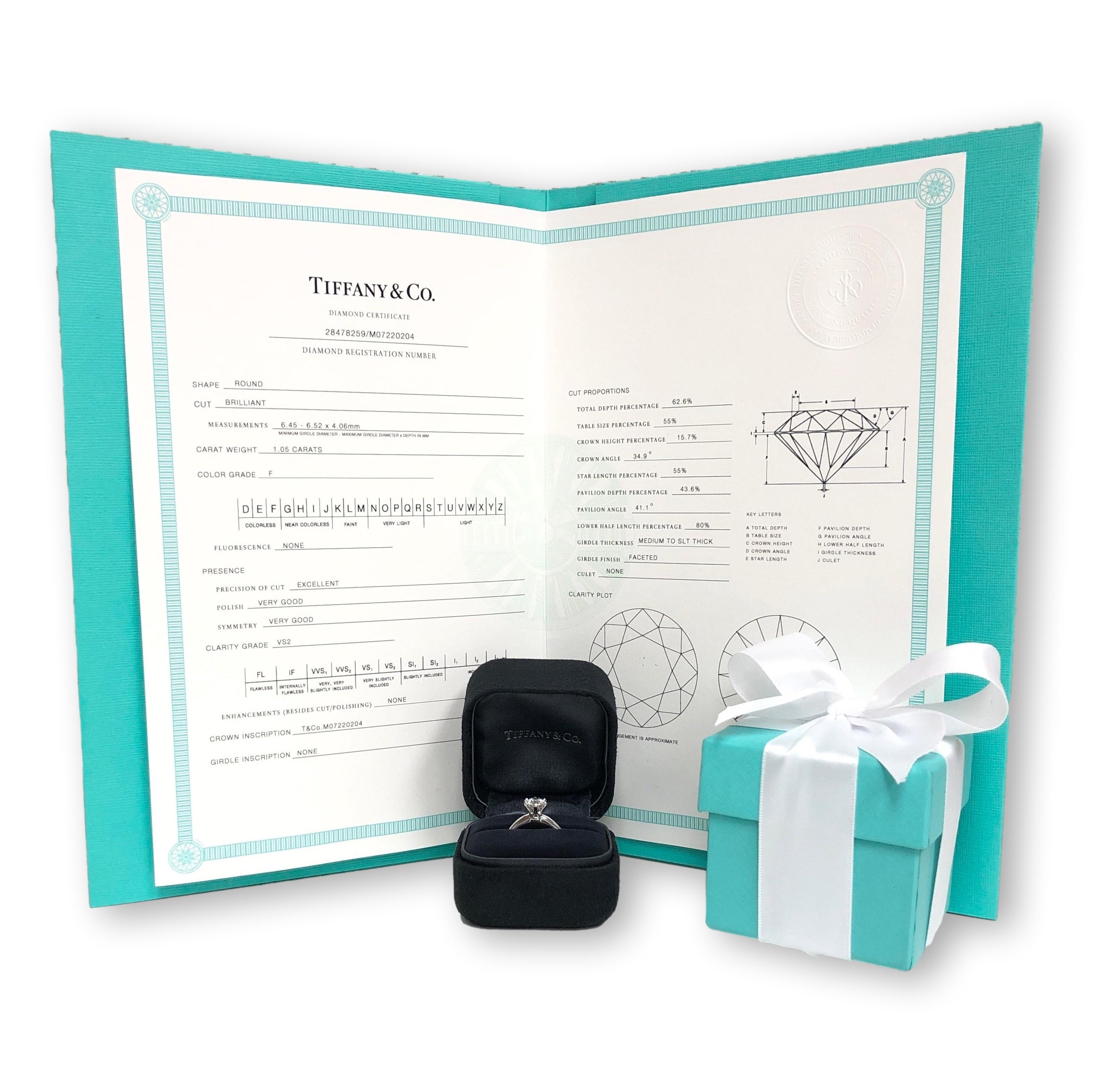 Women's Tiffany and Co. Platinum Solitaire Round Diamond Engagement Ring 1.05 FVS2 For Sale