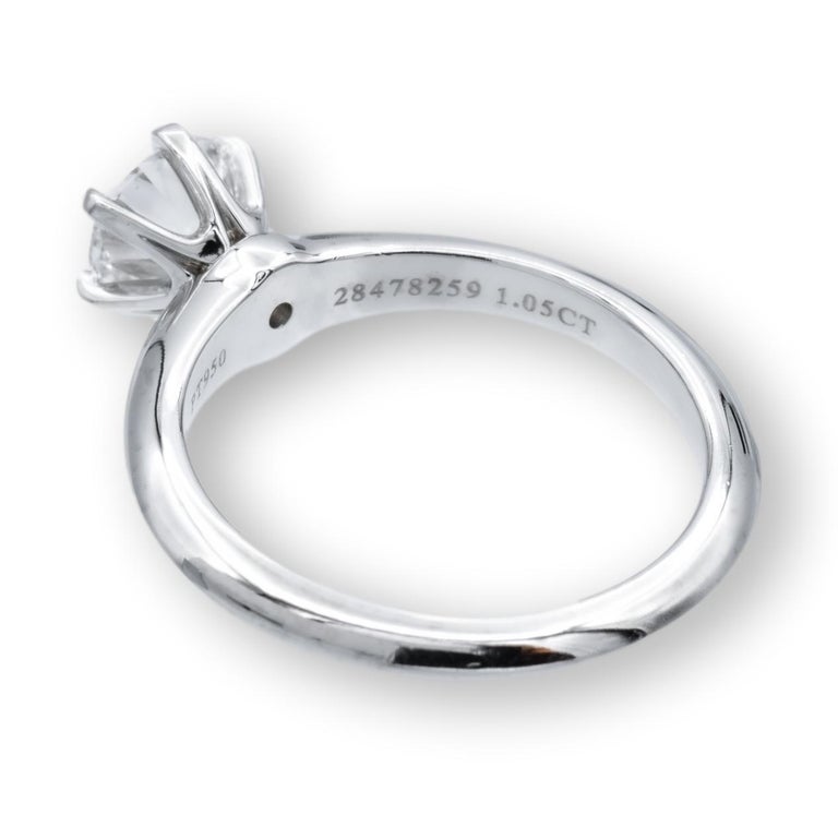 Women's Tiffany and Co. Platinum Solitaire Round Diamond Engagement Ring 1.05 FVS2 For Sale