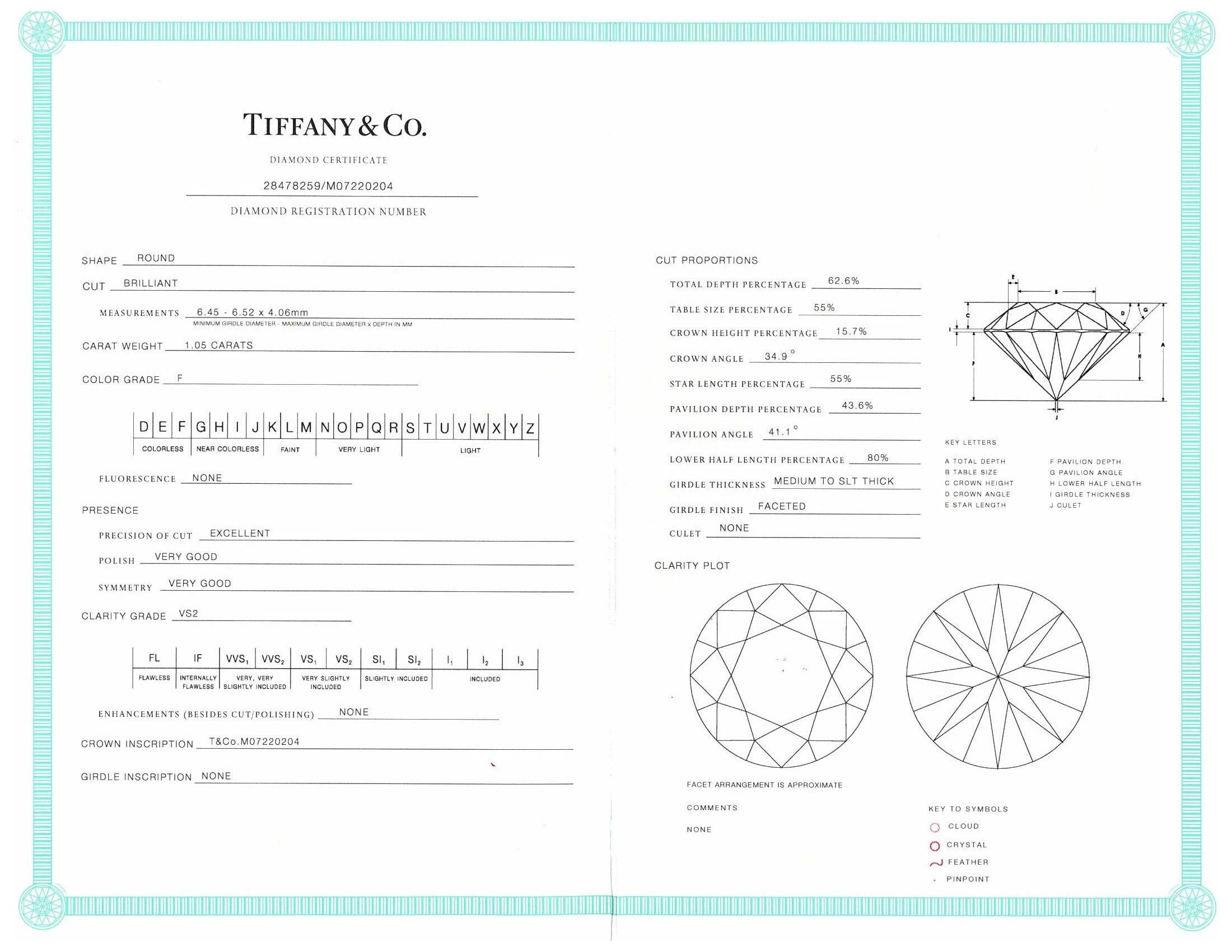 Tiffany und Co. Platin Solitär Runder Diamant Verlobungsring 1,05 FVS2 4