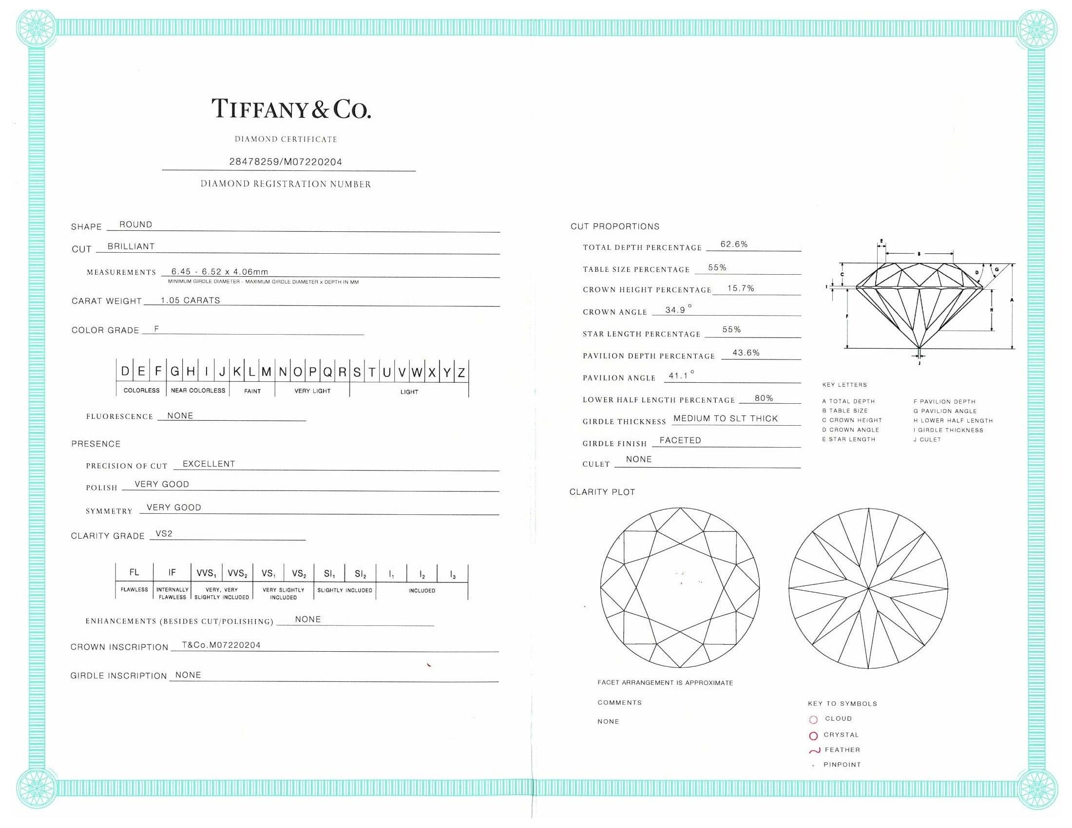 Round Cut Tiffany and Co. Platinum Solitaire Round Diamond Engagement Ring 1.05 FVS2 For Sale