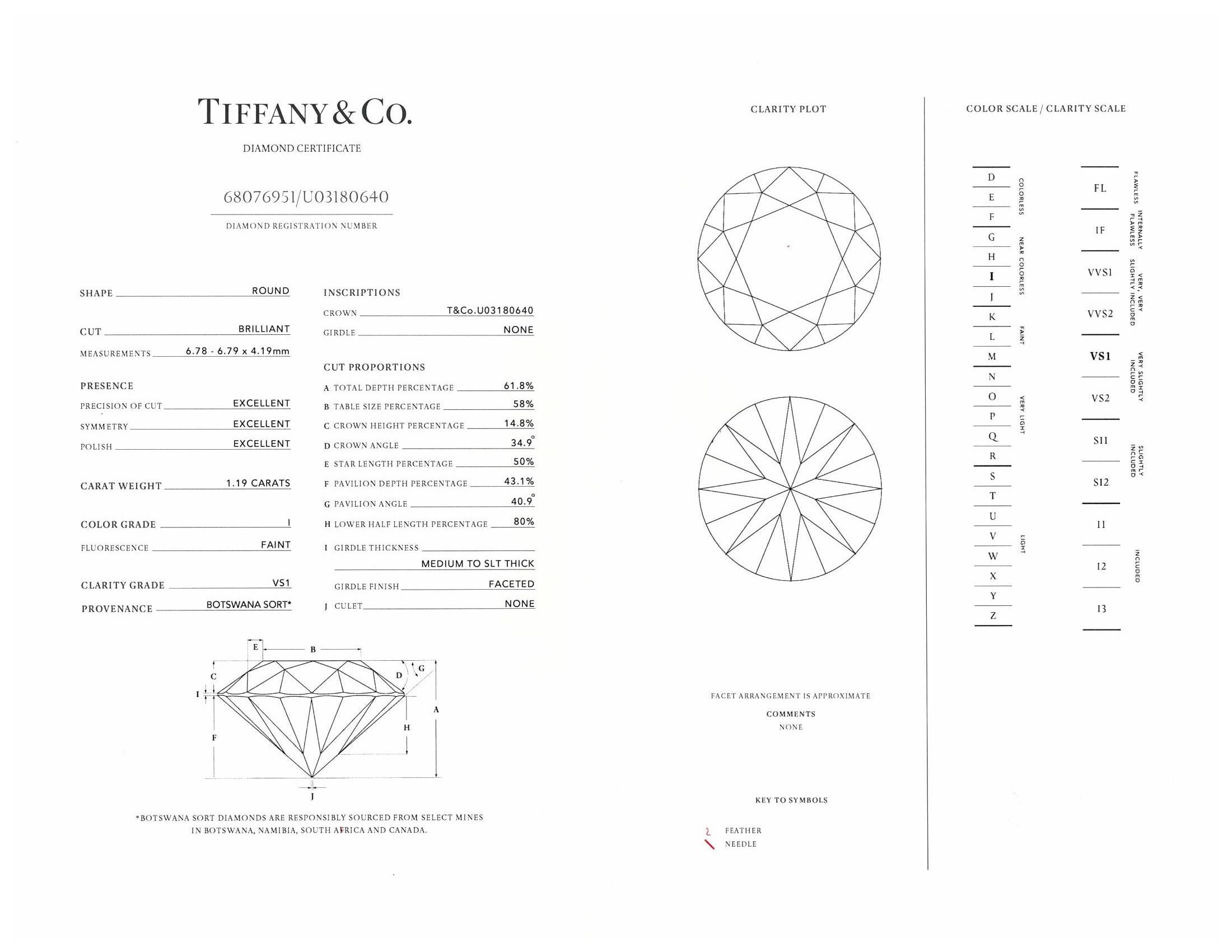 Tiffany & Co. Platinum Solitaire Round Diamond Engagement Ring 1.19 IVS1 2