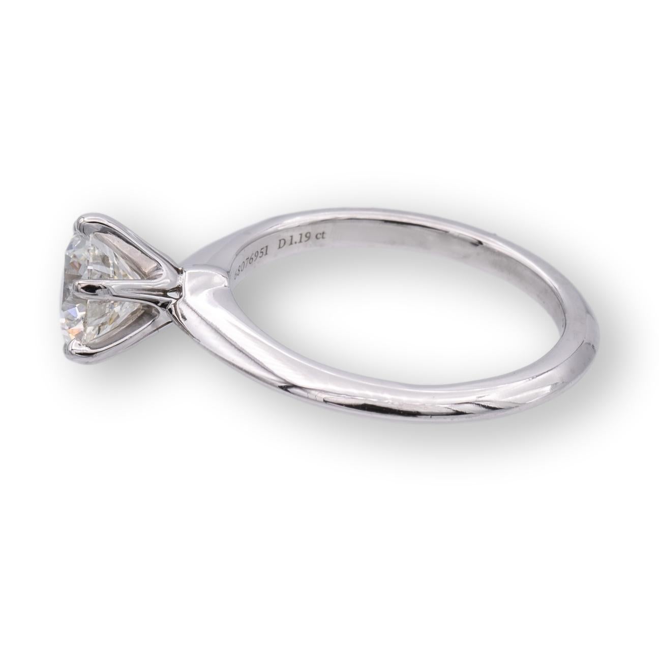 Modern Tiffany & Co. Platinum Solitaire Round Diamond Engagement Ring 1.19 IVS1