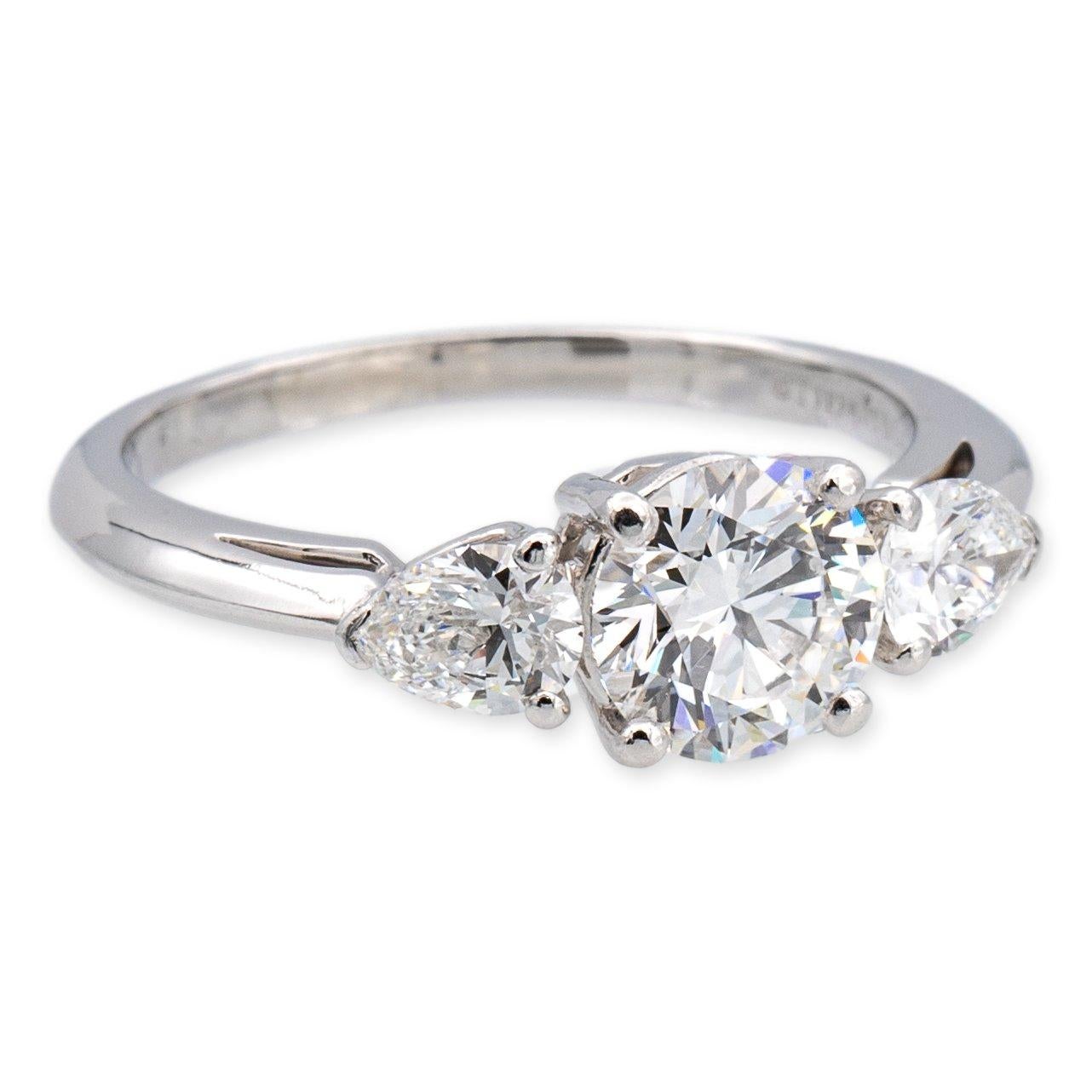 tiffany three stone engagement ring with pear-shaped side stones in platinum