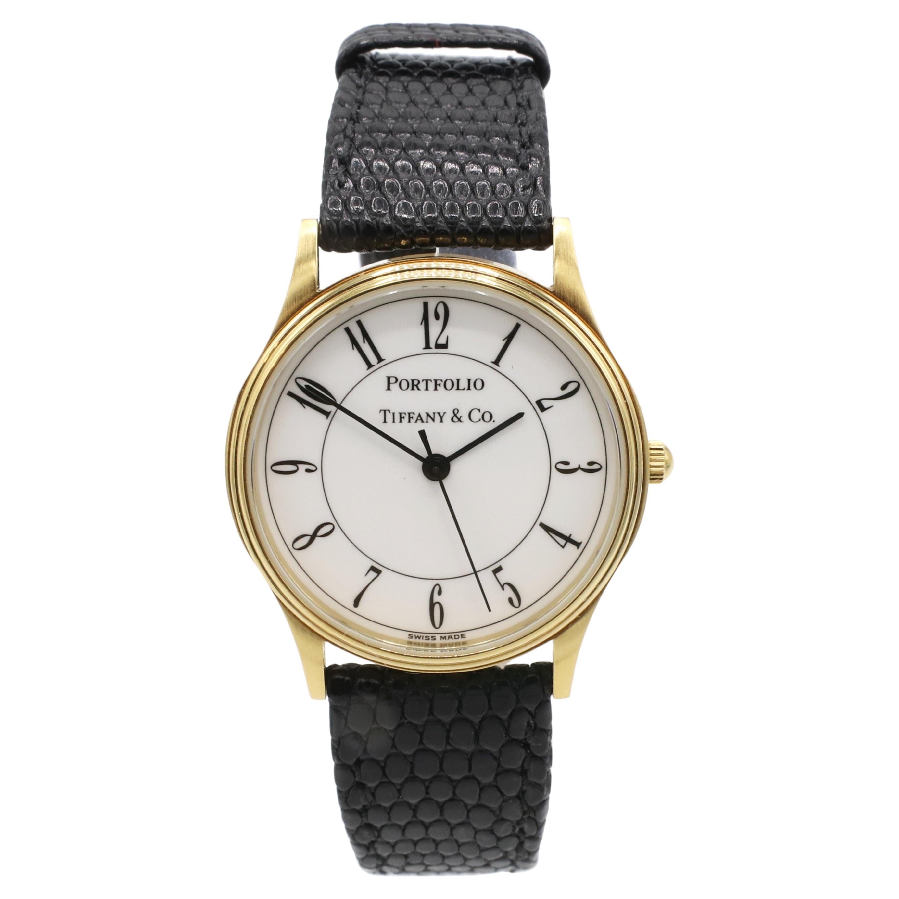 Tiffany and Co. Portfolio White Dial Black Leather Strap Quartz Watch