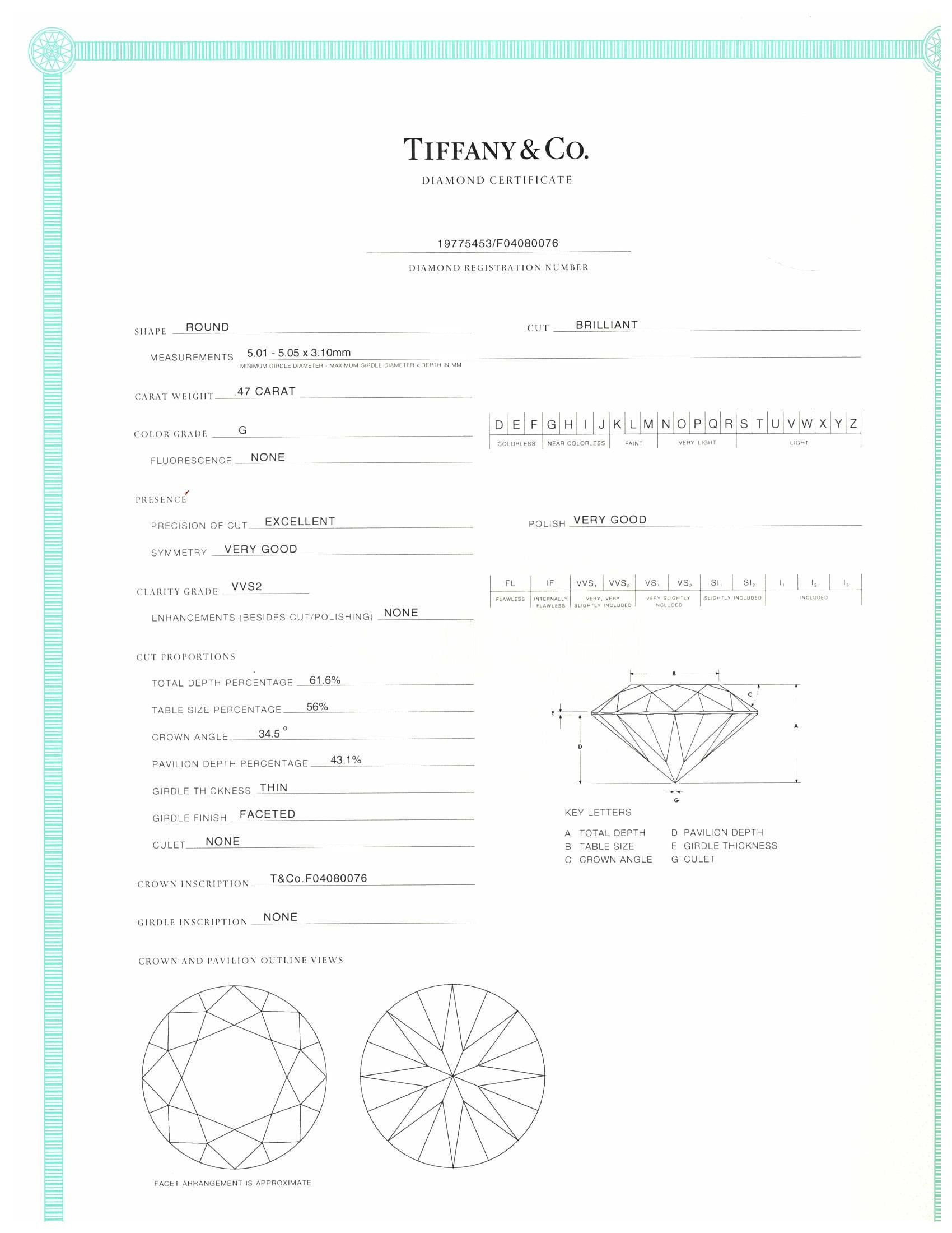 Women's Tiffany and Co. Ribbon Platinum Diamond Engagement Ring .83ct Tw GVVS2 Round Cut