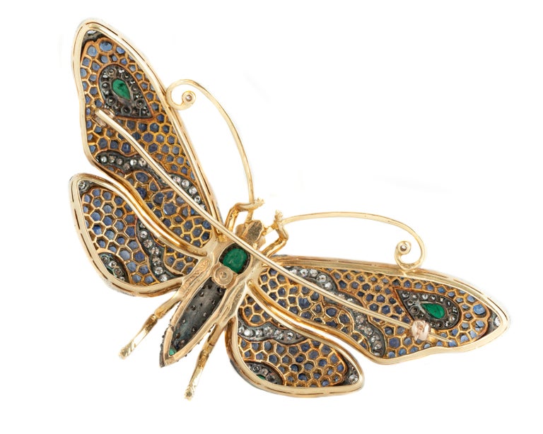 Tiffany & Co. Sapphire, Emerald and Diamond 18 Karat Gold Butterfly Brooch In Good Condition For Sale In Atlanta, GA