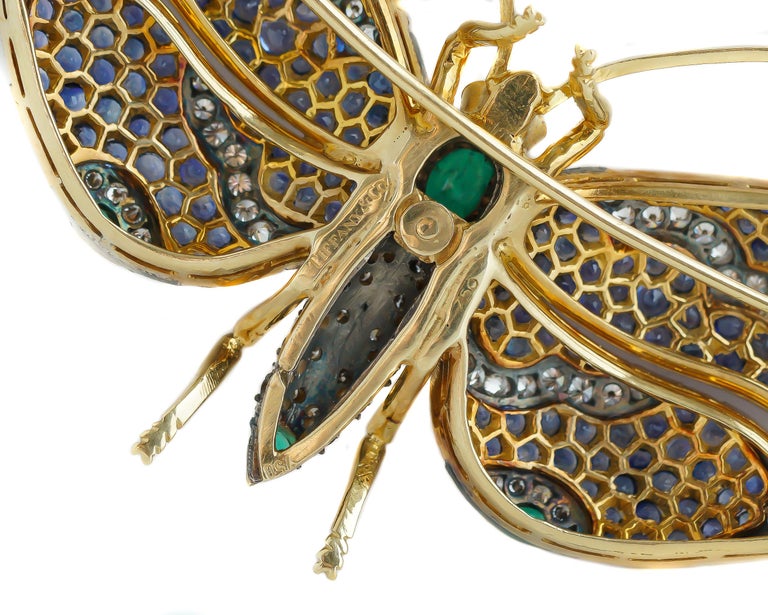 Men's Tiffany & Co. Sapphire, Emerald and Diamond 18 Karat Gold Butterfly Brooch For Sale